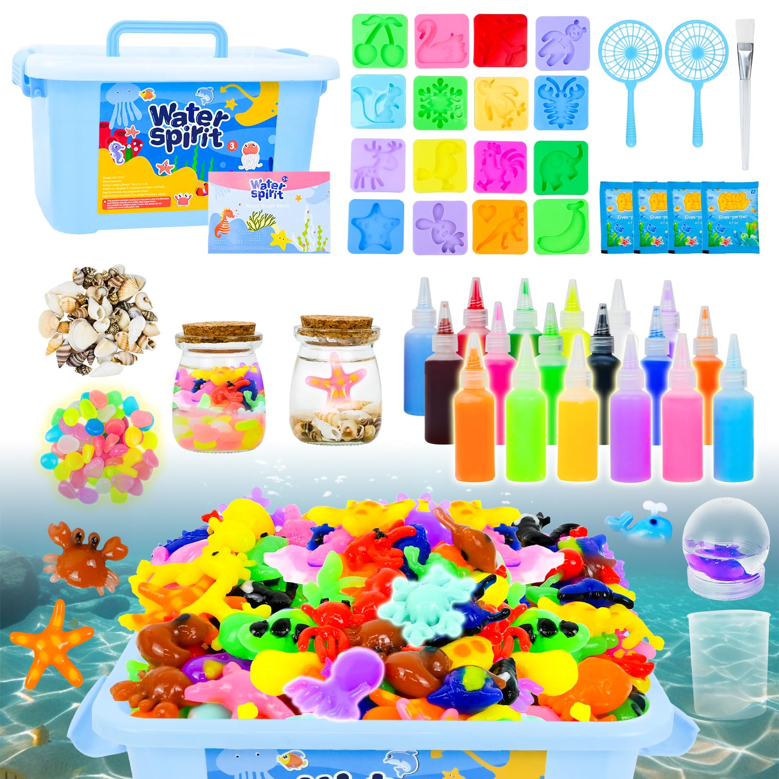 Joellfuner Aqua Gelz Set, 3D Magic Water Elf, DIY Creativos Geles Mágicos, Kit de Juguete de Elfo de Agua con 18 Colores y 16 Moldes, Brilla en la Oscuridad Elfo Juguetes Regalos para 3+ Niñas Niños