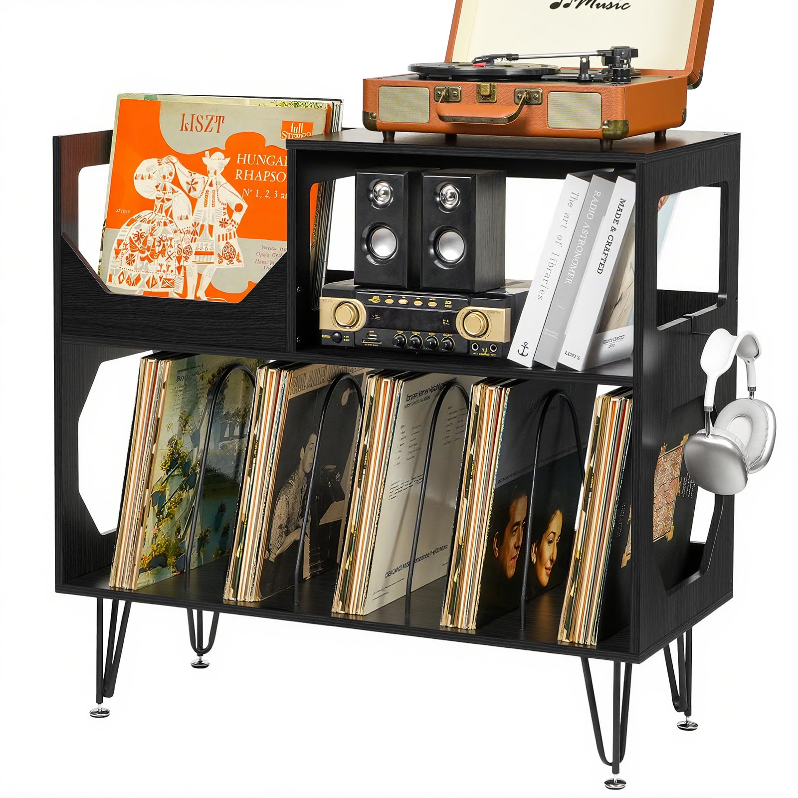 ikkle Large Rustic Record Player Stand, 2 Tier Record Player Table with Vinyl Record Storage, Vinyl Storage Cabinet with Metal Legs, Turntable Stand for Living Room, Bedroom, Holds 370 Albums, Black