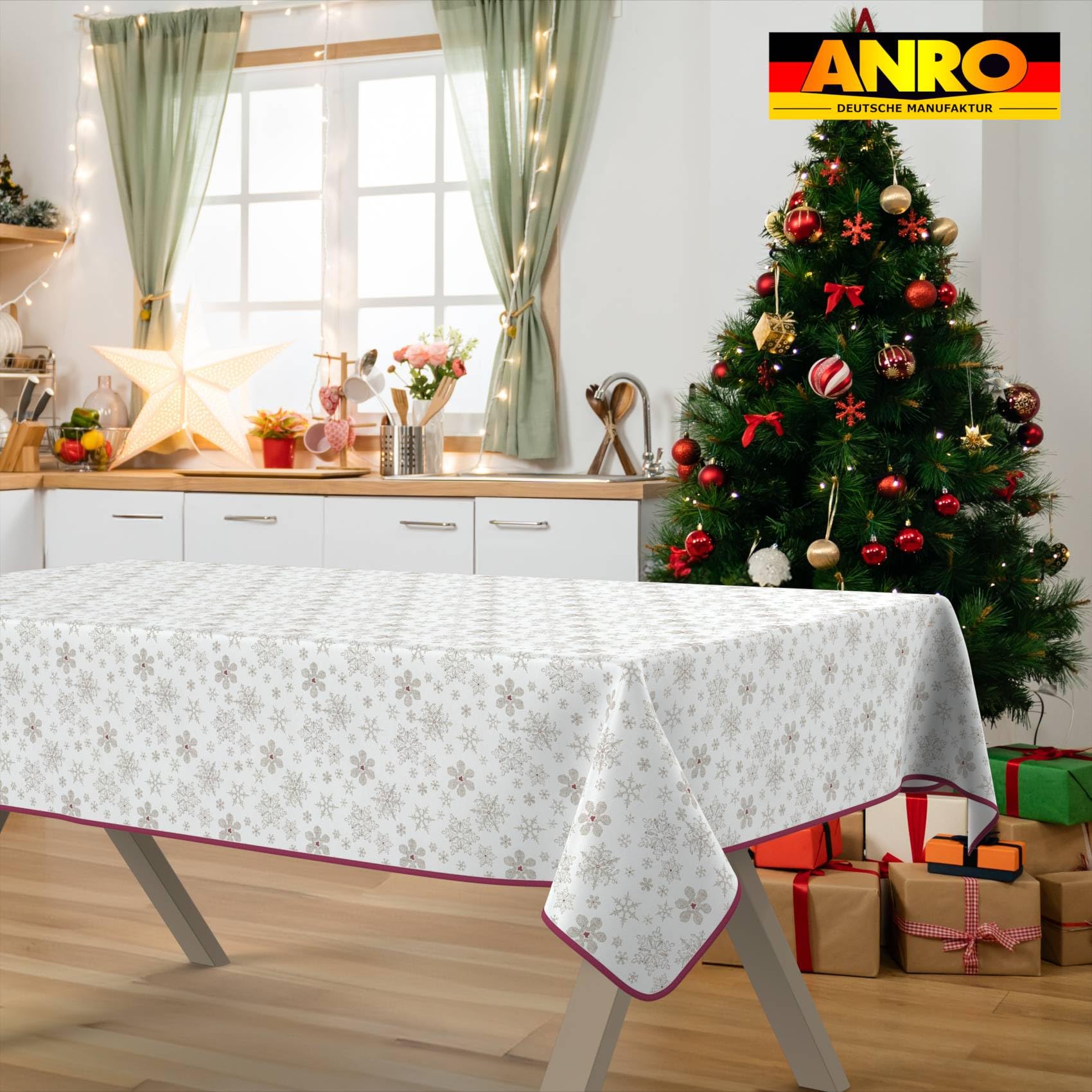 ANRO Mantel Antimanchas Navidad Copos de Nieve con Dobladillo 280x140 cm