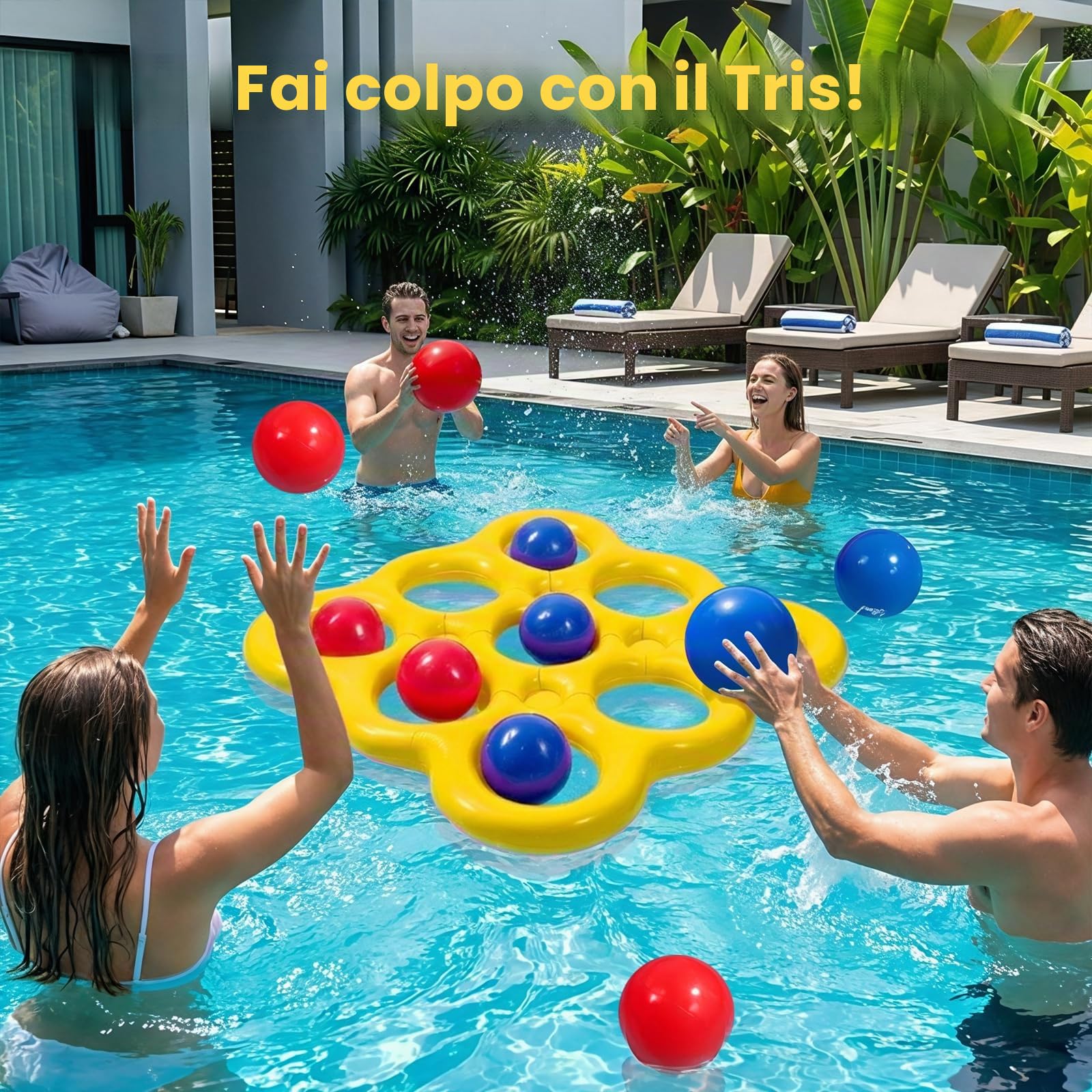 MoKo Set Giochi Acquatici Tic-Tac-Toe per Piscina, Galleggiante Piscina Gonfiabile con 10 Palline, Giochi per Feste in Famiglia Spiaggia Outdoor Adulti Adolescenti Bambini 2-10 Giocatori, Giallo