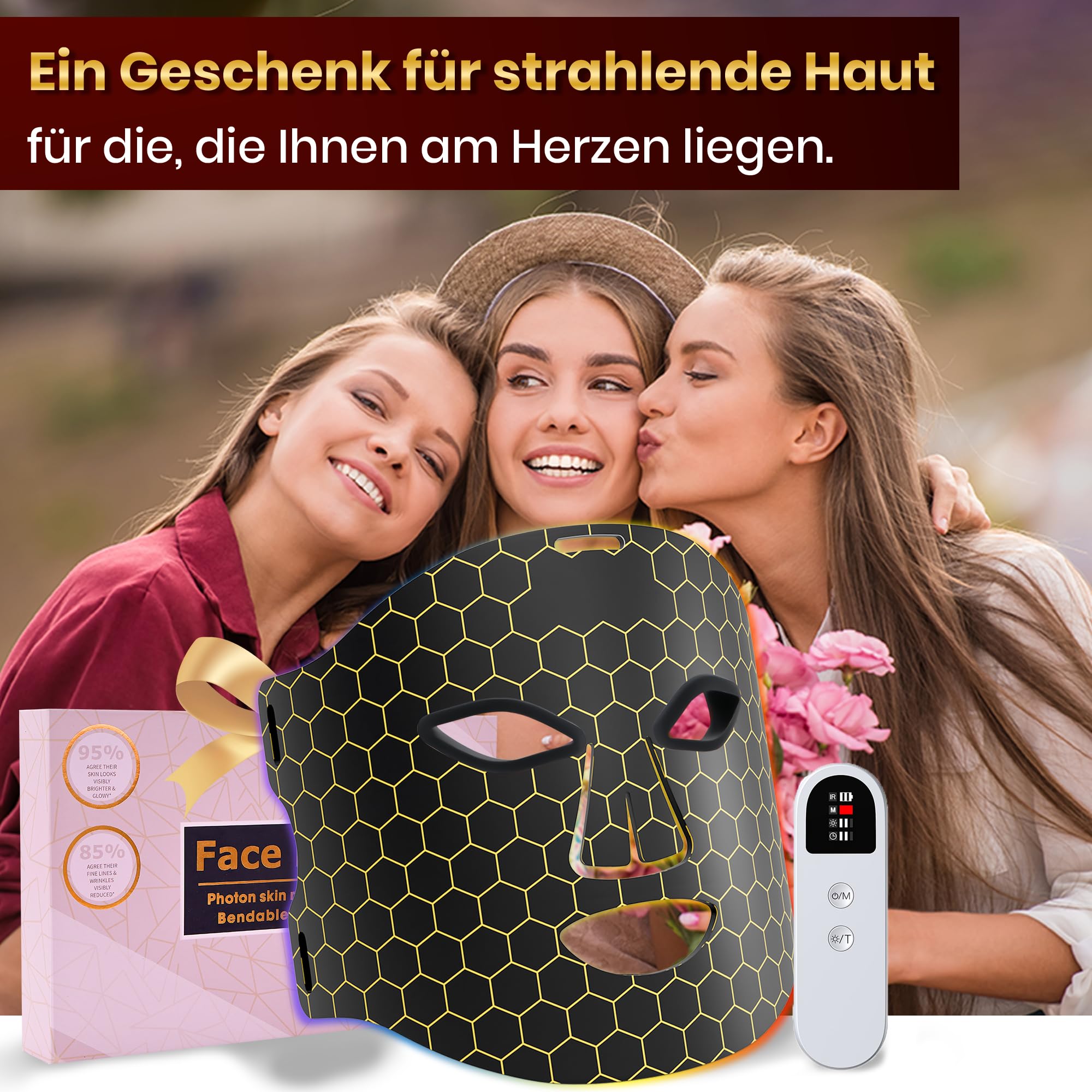 Rotlichtlampe LED Maske – 4-Farben-Lichttherapie mit 240 LEDs, Wiederaufladbare Lichttherapie für Anti-Aging, Hautverjüngung und Straffung (Schwarz2)