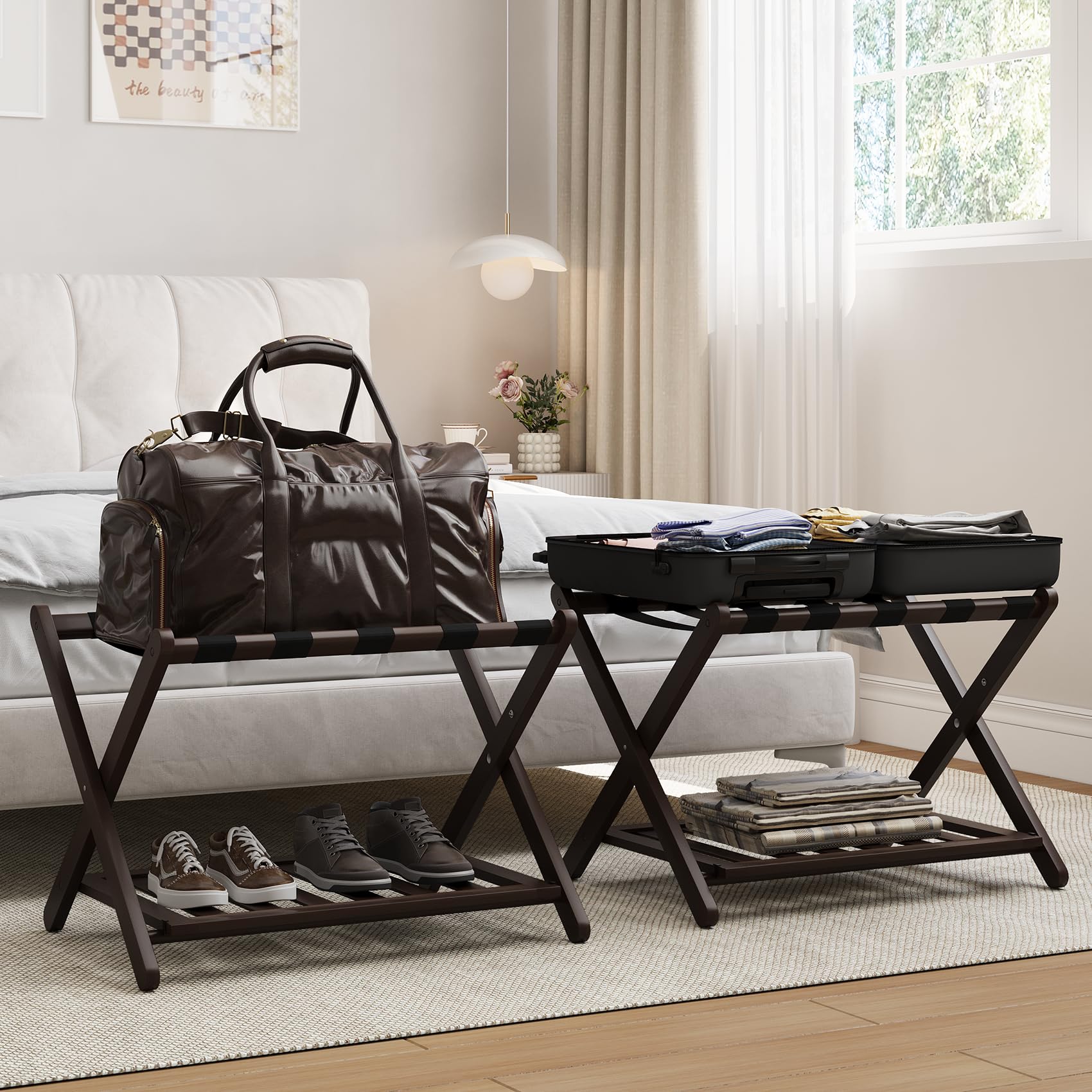 Pack of 2 Fully Assembled Bamboo Luggage Racks, Folding Suitcase Stand with Shoe Shelf, 5 Nylon Straps, Heavy Duty, Luggage Stands Ideal for Guest Room, Bedroom, Hotel, Espresso
