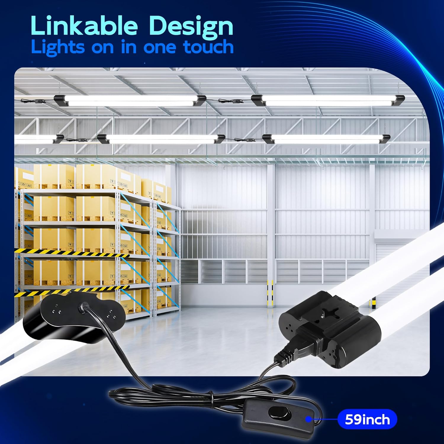 hykolity 4 Pack LED Shop Lights 4FT,60W (350W Equivalent), 6500 Lumens, 5000K Daylight White, Linkable Shop Lights for Garage & Workshop, Plug and Play with Hanging/Surface Mount Kit, Black