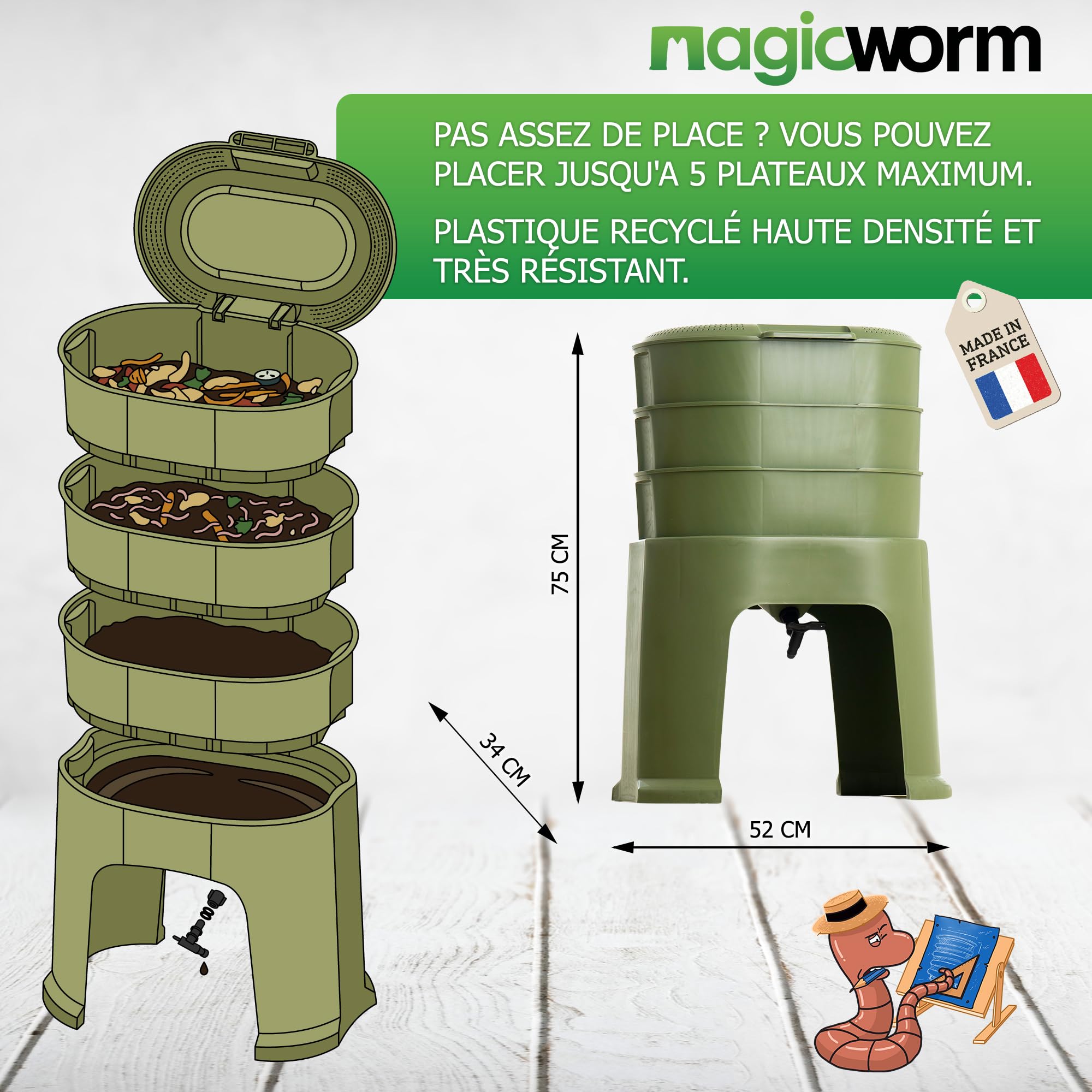 Lombricomposteur Worm Café 2 Plateaux - 64 Litres Avec 250g De Vers De Compost Inclus