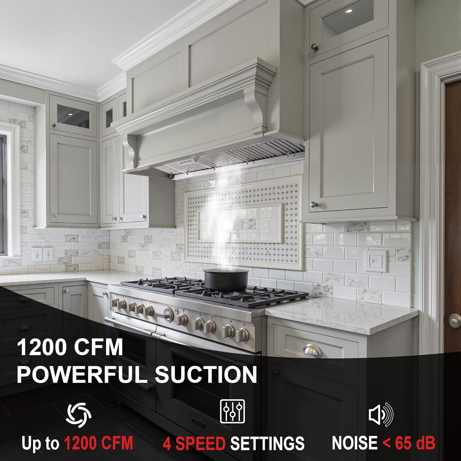 Akicon Range Hood Insert 54 Inch with Heater Sensor, 1200 CFM Bulit-in Kitchen Vent Hood with 4 Speeds, Ultra-Quiet Duct Stove Hood 3CCT LED Lights and Dishwasher Safe Filters