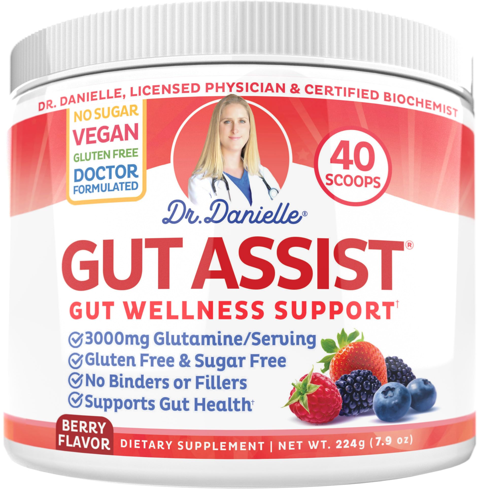 Doctor Danielle Gut Assist - Leaky Gut Repair Supplement Powder - Glutamine, Arabinogalactan, Licorice Root - Supports IBS, Heartburn, Bloating, Gas, Constipation, SIBO from, Berry Flavor