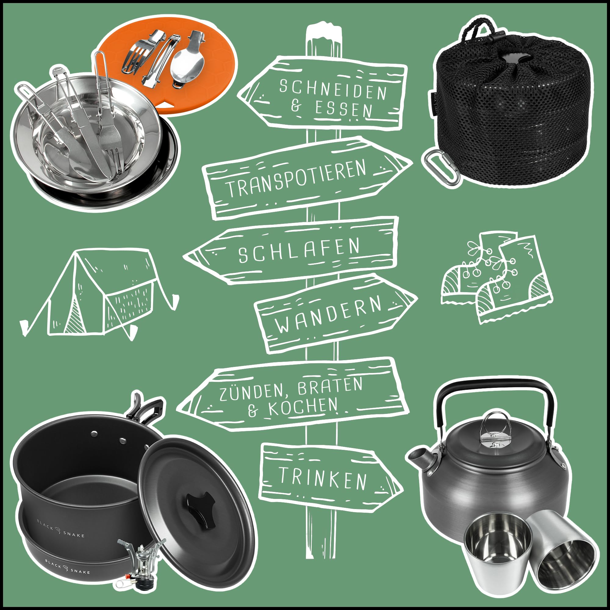 Camping Geschirr Set 14-teilig für Outdoor Küche, Wandern & Festival - mit Bechern, Tellern, Besteck, Topf, Pfanne, Kessel & Zubehör