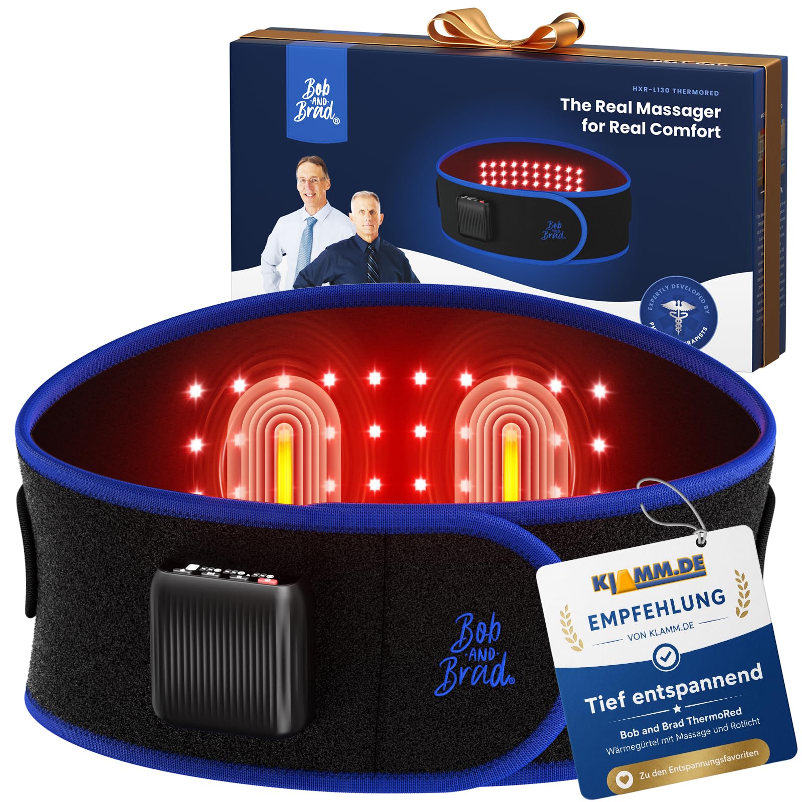 BOB AND BRAD ThermoRed Wärmegürtel mit Rotlicht, Rückenmassagegerät zur Entspannung verspannter Rückenmuskulatur, kabelloses Heizkissen mit Abschaltautomatik für den Rücken, Geschenk