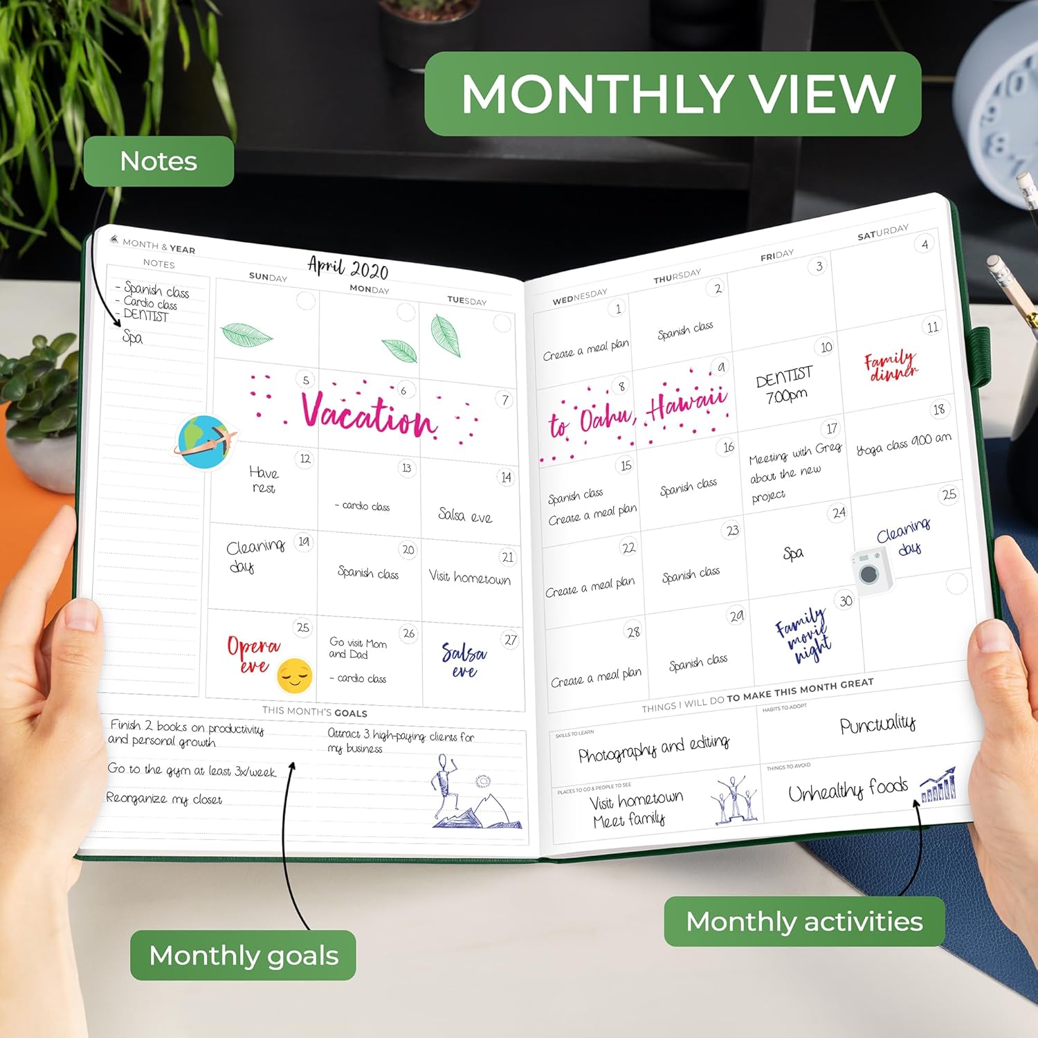 Clever Fox Hourly Planner PRO Premium – Undated Schedule Planner with Daily Time Slots – Personal Organizer Notebook for Time Management – Weekly & Monthly Life Journal, A4 Size (Forest Green)