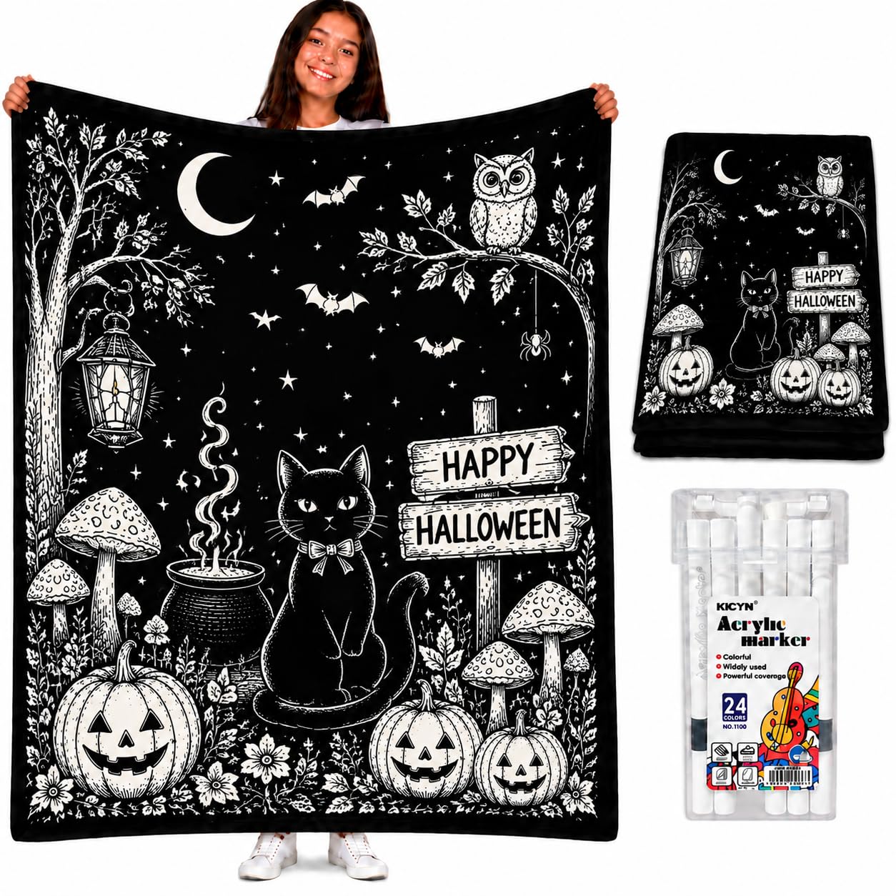 DIY Halloween Colouring Blanket with 24 Coloured Markers, Washable Colour-In Blankets for Adults, Sherpa Fleece Colouring Blanket Kit, Soft Fuzzy Velvet Creative Colour-In Throw Blanket (Halloween)