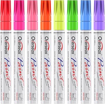 Overseas Neon Fluorescent Paint Marker Pens - 8 Colors Oil-Based Paint Markers, Medium Tip, Quick Drying and Waterproof Permanent UV Marker for Plastic, Glass, Rock, Wood, Canvas, Metal, Pumpkin