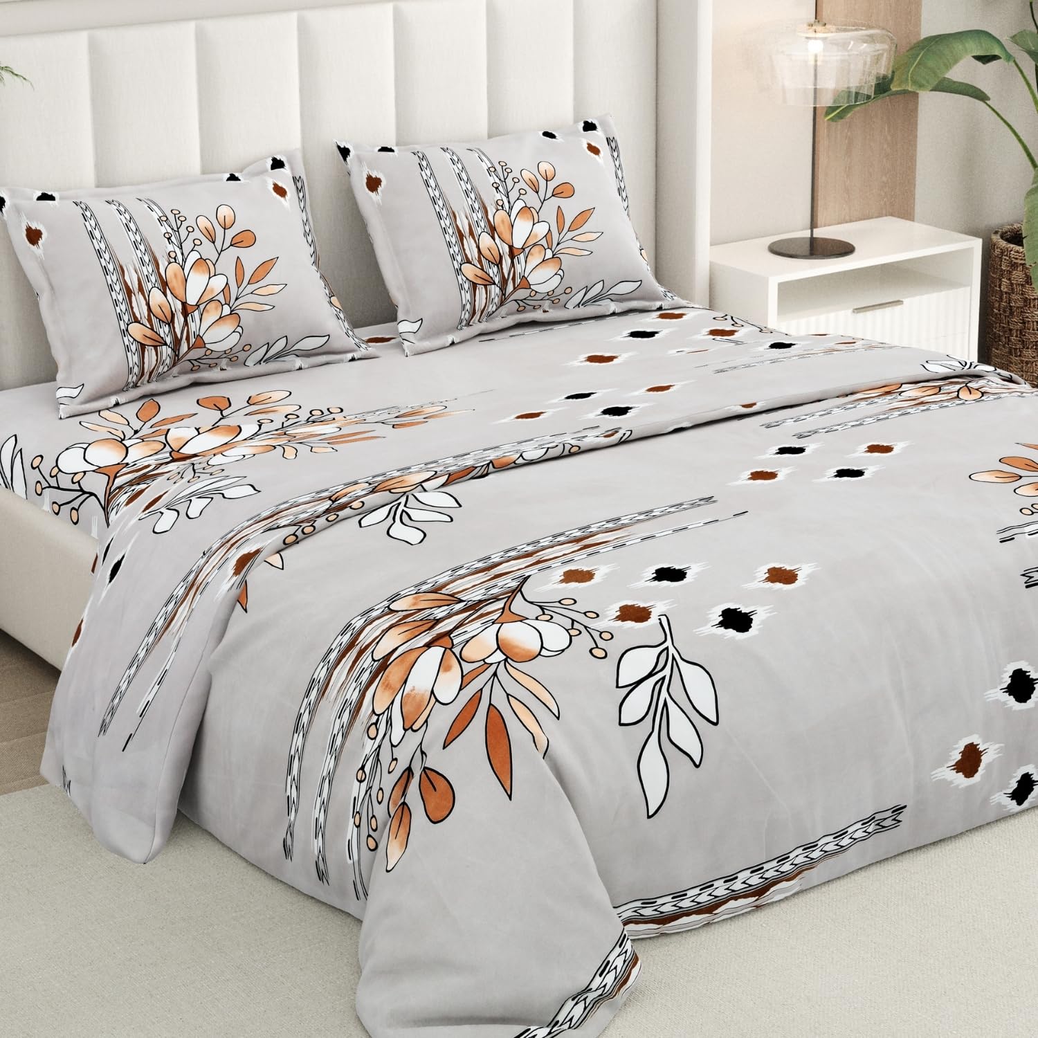 Rivermoor 200 TC Ultrasoft Bedsheet Double Bed Size | Beige Floral Bedsheet with 2 Pillow Covers | Queen Size Bed Sheet | Breathable, Hypoallergenic & Shrink-Resistant | 88 x 96 Inches
