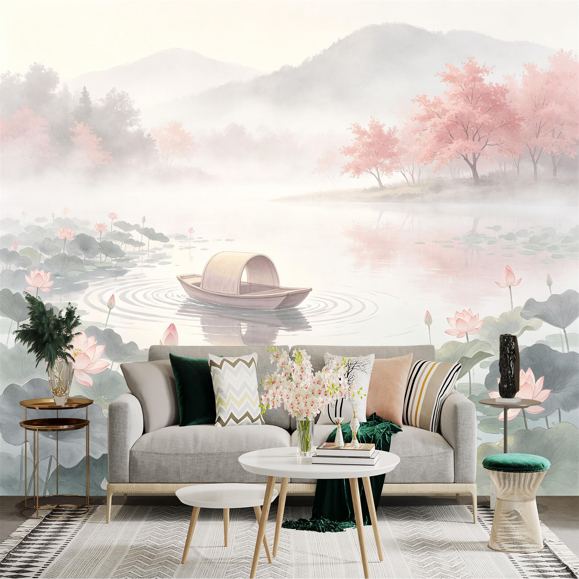 Custom Size Wall Sticker Mural， Oriental Watercolor Misty Lake， Blooming Pink Lotus Flowers， Peaceful Small Boat and Ducks， for wall Decoration， peelandstick wall Decals.
