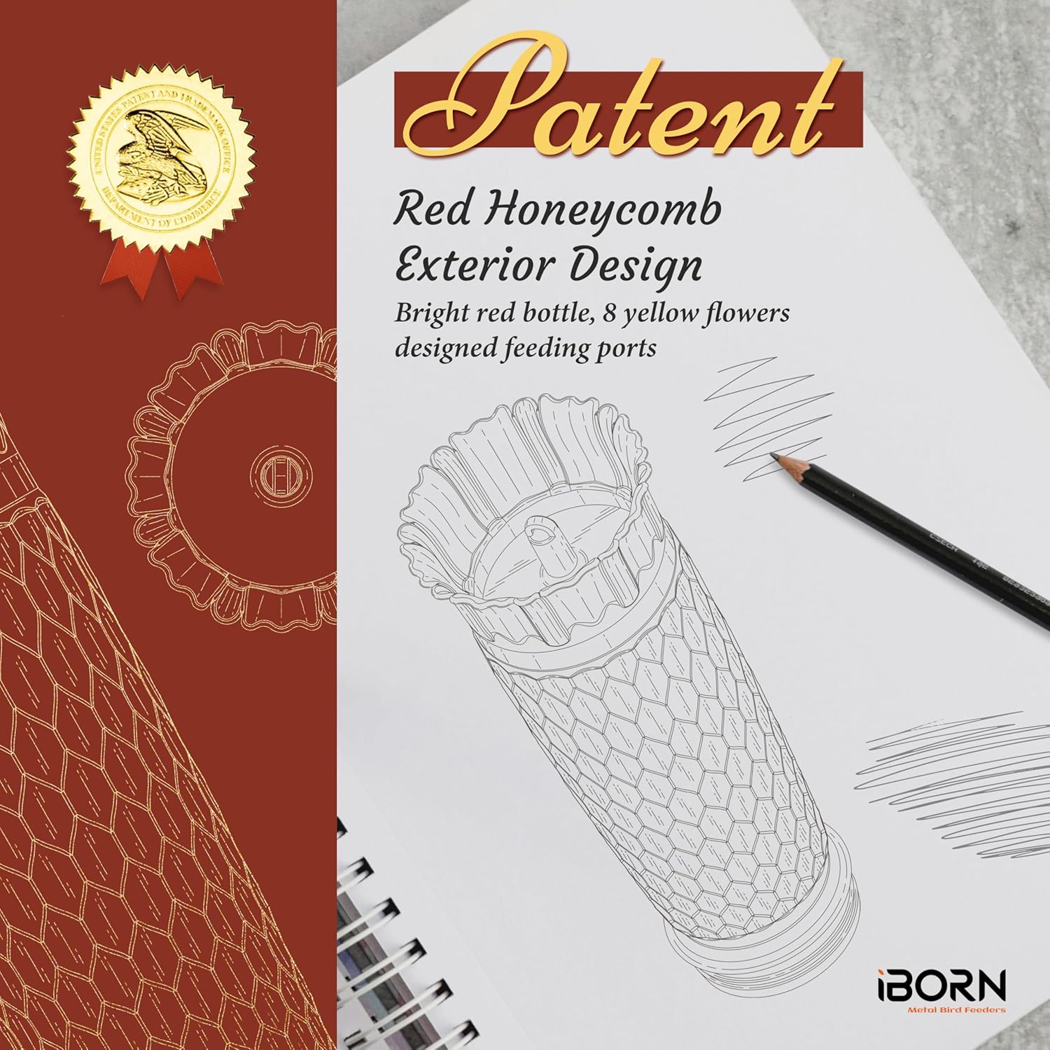 iBorn Hummingbird Feeders for Outdoors 16OZ Bird Feeders for Outdoors Hanging, Hummingbird Feeder with 8 Bee Guard Feeding Ports & Built-in Ant Moat, Silicone Flower, Red Honeycomb Exterior - Image 8