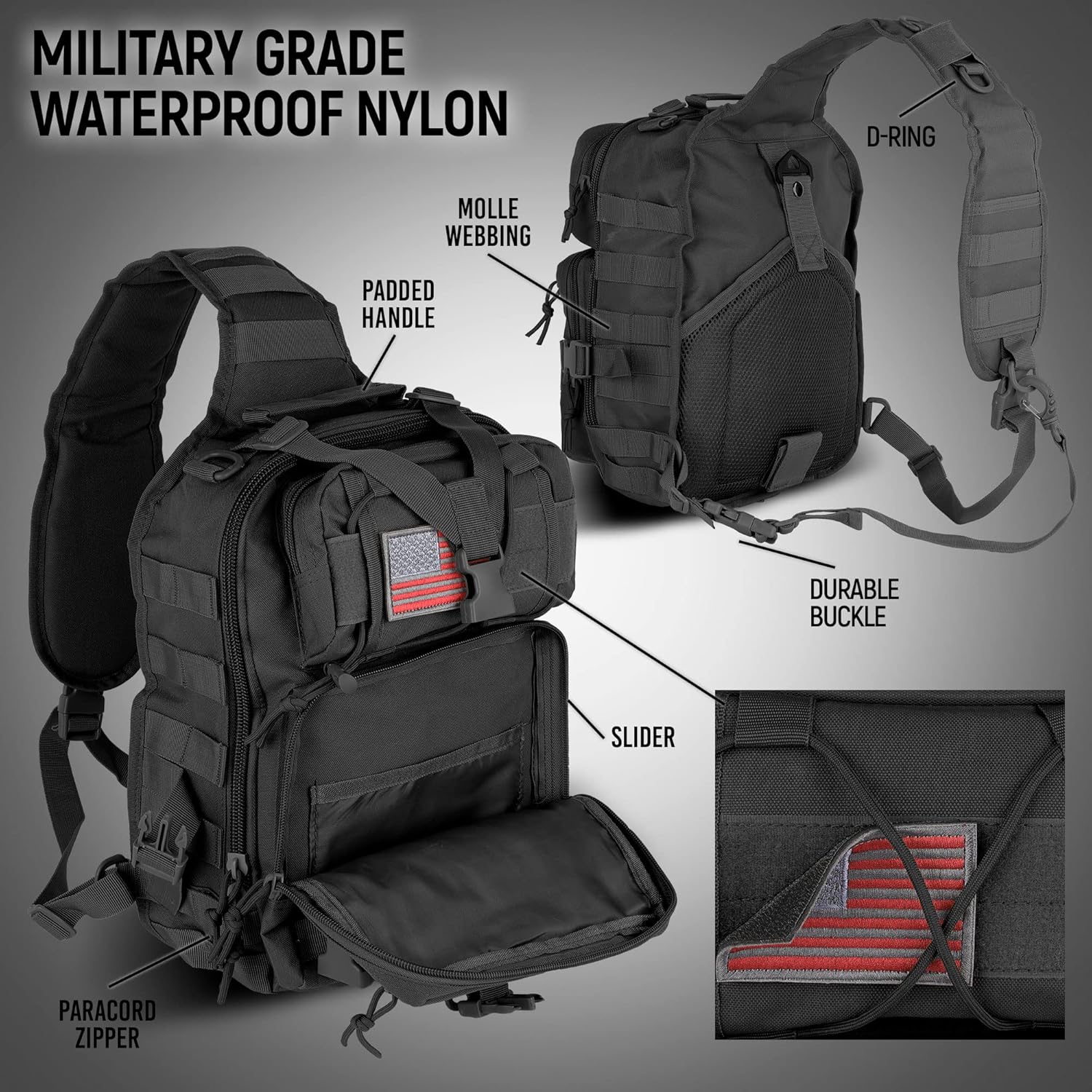 EcoGear FX XGear Tactical Sling Bag Military Pack Single Shoulder EDC Backpack Range Bags (Black) - Image 4