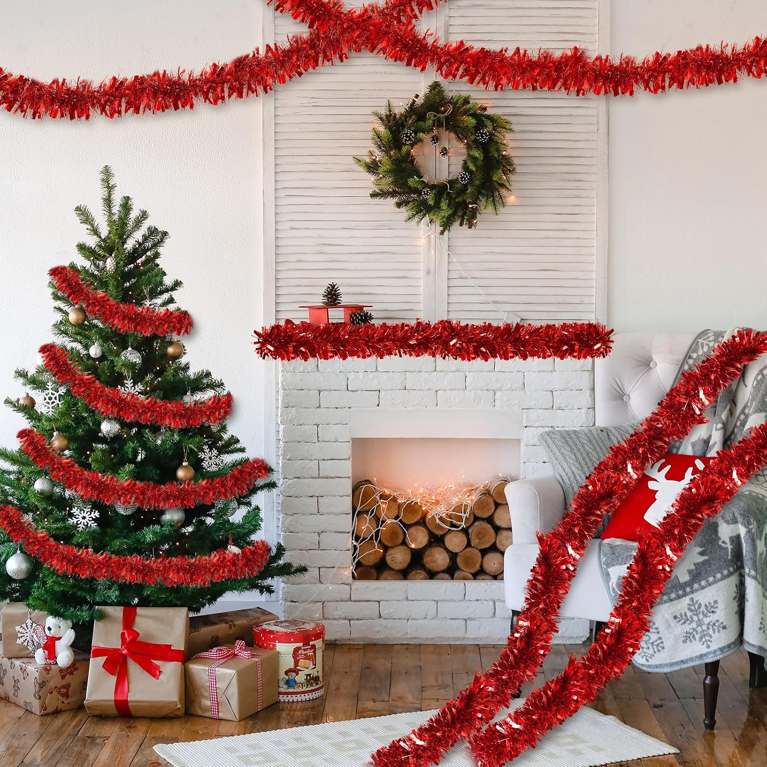 Ceenna 150 Feet Christmas Tinsel Garland Metallic Twist Garland Shiny Hanging String Ornaments for Christmas Tree Party Supplies Indoor and Outdoor Decoration (Red)