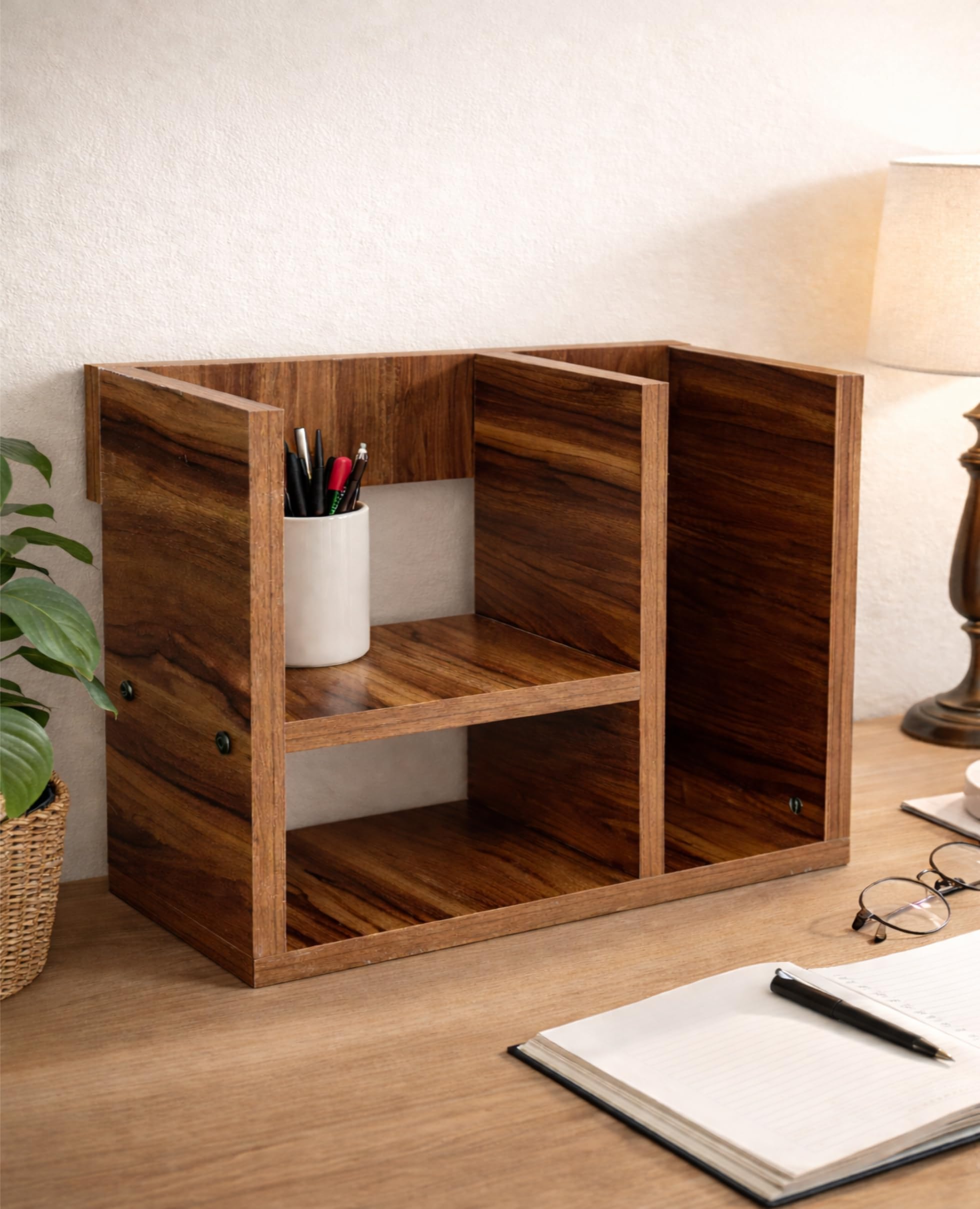 Wooden Book Shelf for Home, Office Table, Living Room. Kitchen Stand, Book Rack for Library, Storage Organizer, Bedroom (H Shape, Suede Finish, DIY) (DS-02 Walnut)