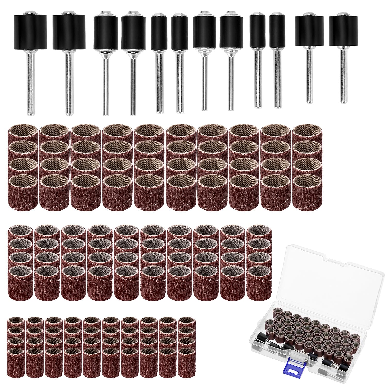 QWORK® 132 Piezas Tambores de lijado, 120 bandas de lija en diferentes tamaños y 12 rodillos de lija, compatible con Dremel herramientas rotativas