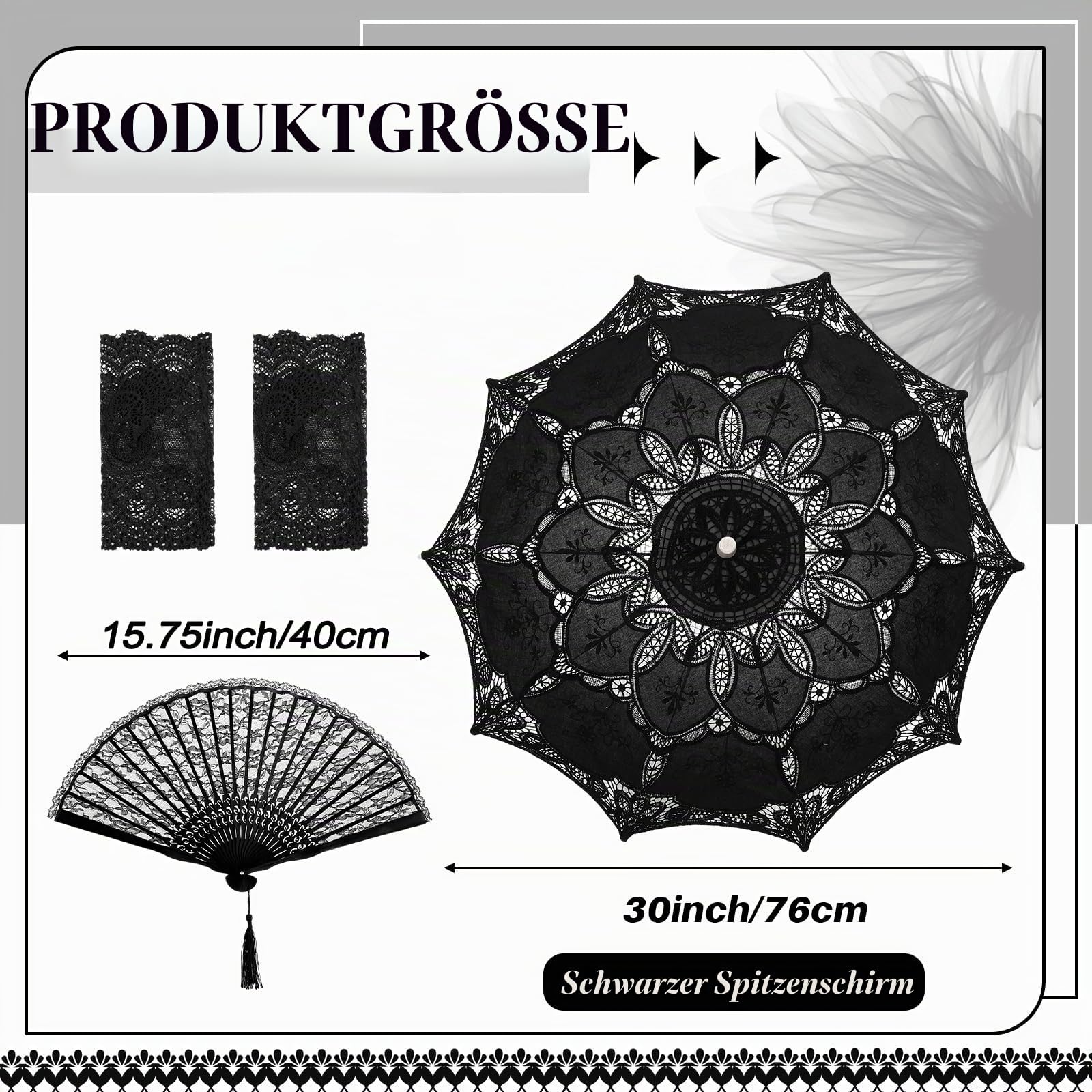 Paterr 3 Stück Vintage Spitze Sonnenschirm Gothic Schwarz Spitze Hand Faltbarer Fan Handschuh Lolita Regenschirm für Halloween Hexe Hochzeit Braut Cosplay Fotoshooting Lady Kostüm Requisiten 1920er