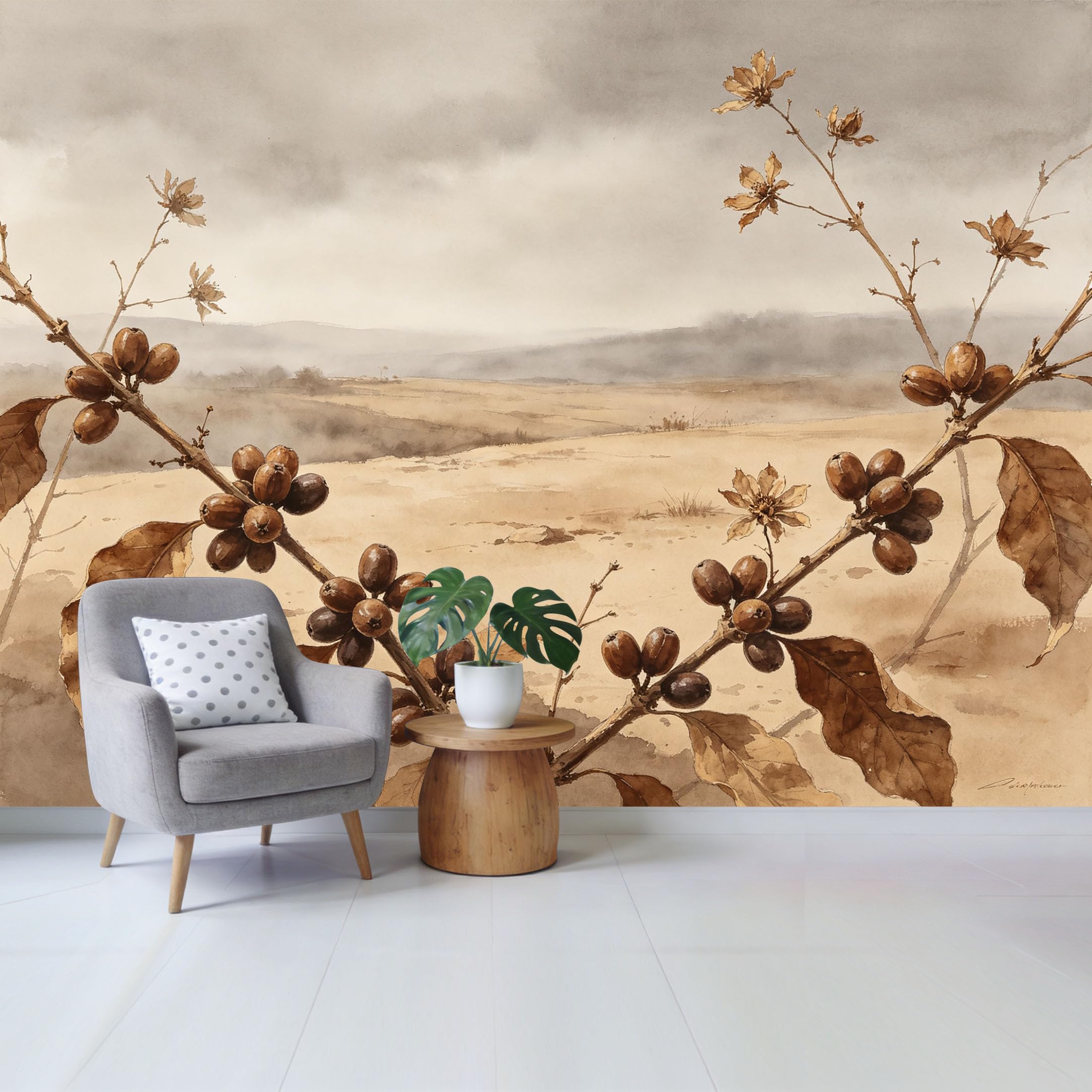 Qzlithotic Yq2605251133 Custom Size Wall Mural Coffee Bean Branch Landscape Watercolor Style Selfadhesive Wall Fabric Removable Wallpaper For Home Office Decor