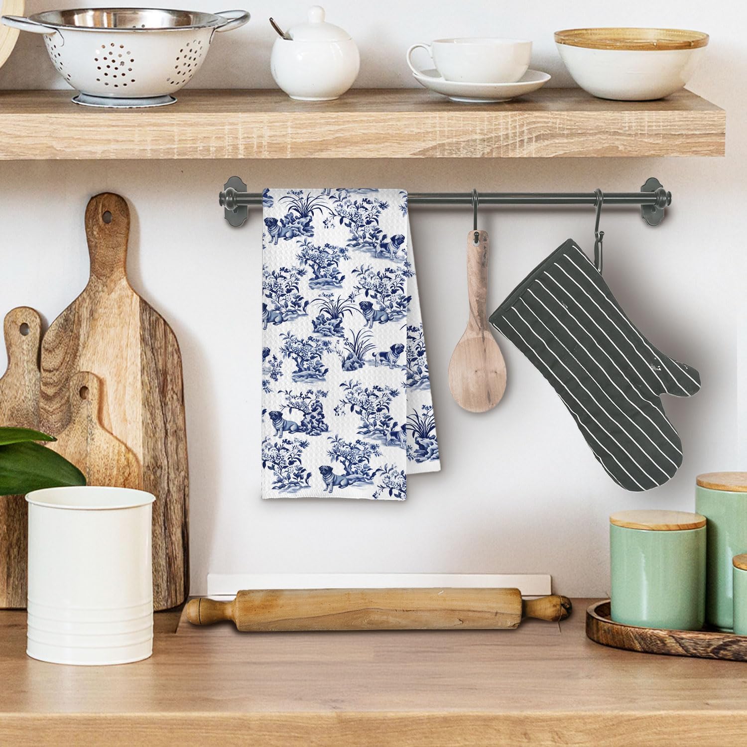 Blue Chinoiserie Pug Kitchen Towels, Gifts for Pug Lovers Women Dish Tea Towels for Kitchen Decor, Grand Millenial Floral Dog Decorative Hand Towels for Bathroom, 16x24 Inches - Image 2
