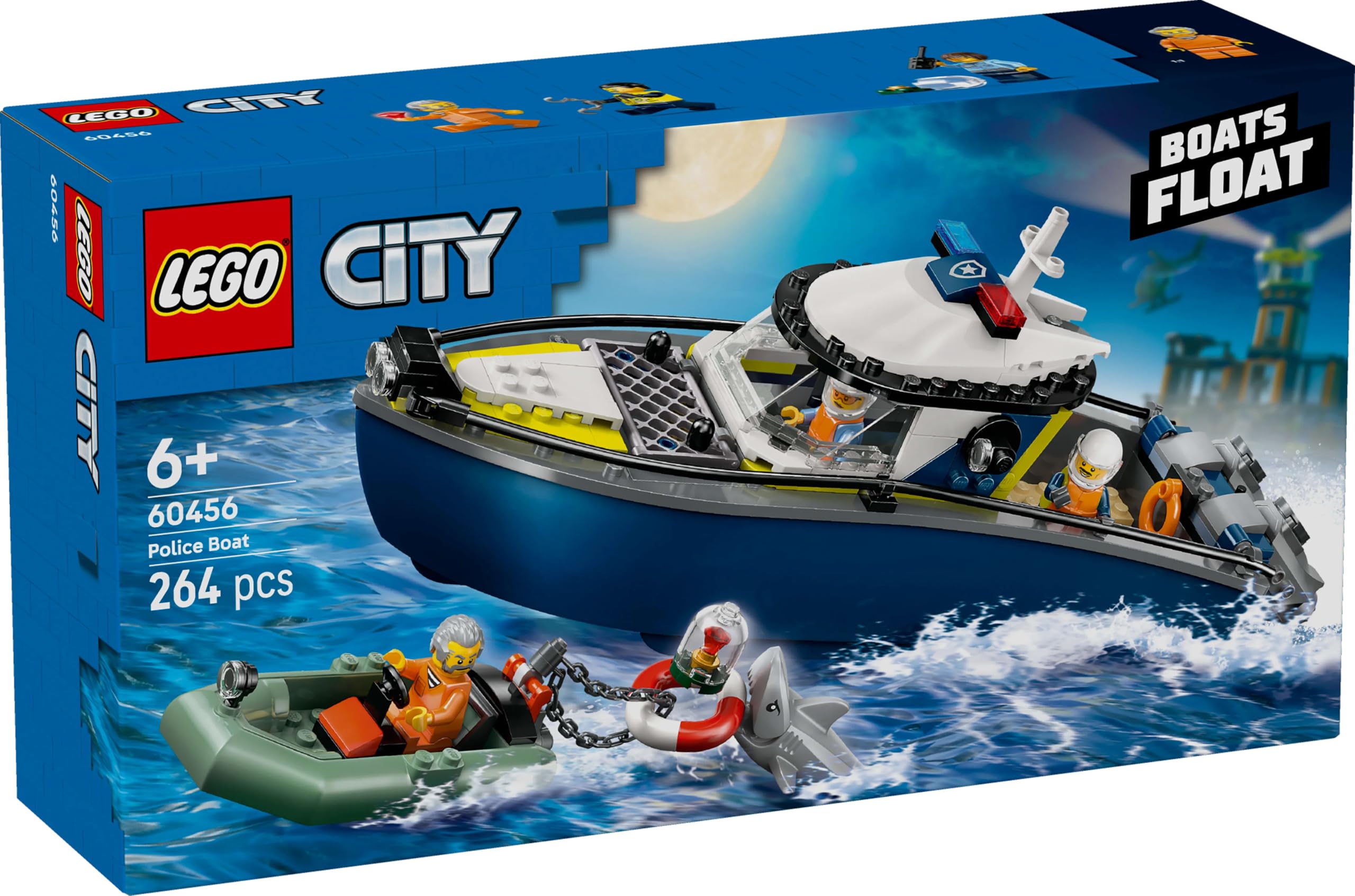 LEGO City Pościg łodzią policyjną, zabawka dla dziecka do zbudowania z motorówką i pontonem złodziejaszka, pomysłowy prezent dla 6-latków, zestaw policyjny dla chłopców i dziewczynek 60456