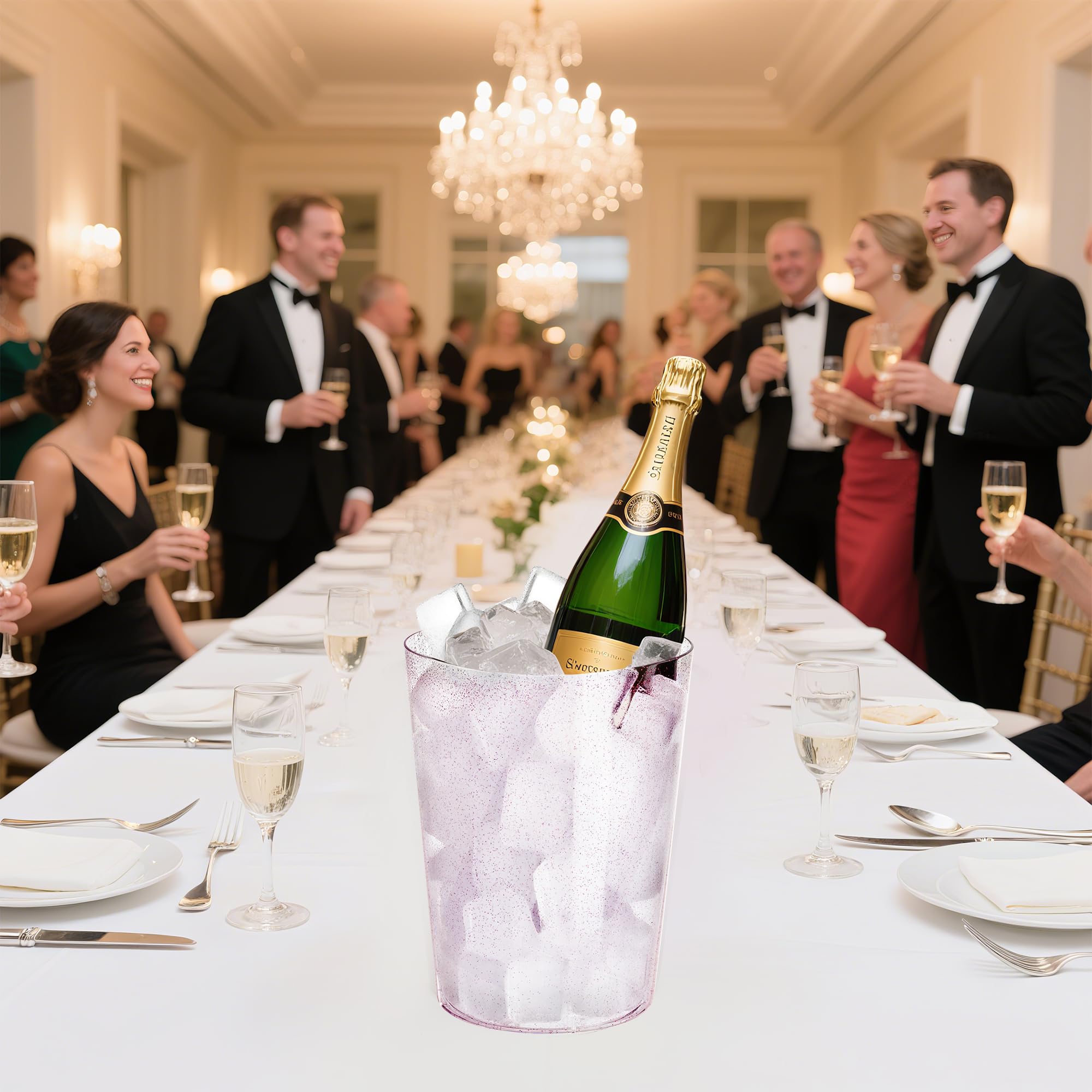 Lot de 12 seaux à glace jetables en plastique pour fêtes, or rose pailleté transparent pour mariage, bon comme un grand refroidisseur de champagne ou un refroidisseur de bouteille de vin classique
