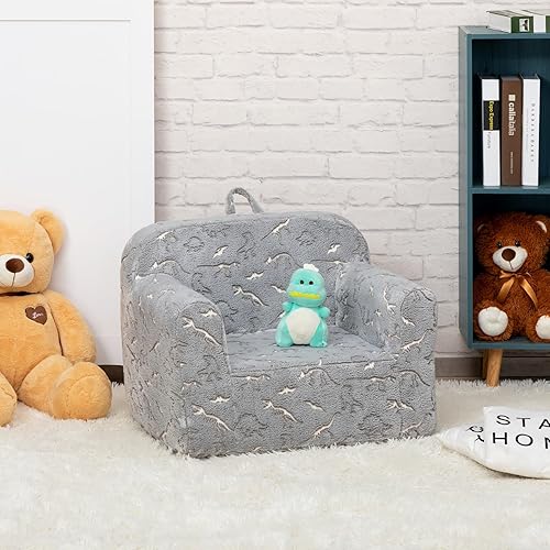 Miniatura 7 de ALIMORDEN Silla rellena de espuma ultrasuave para niños, con diseño de fósiles de dinosaurios que brillan en la oscuridad, sofá de lectura Sherpa