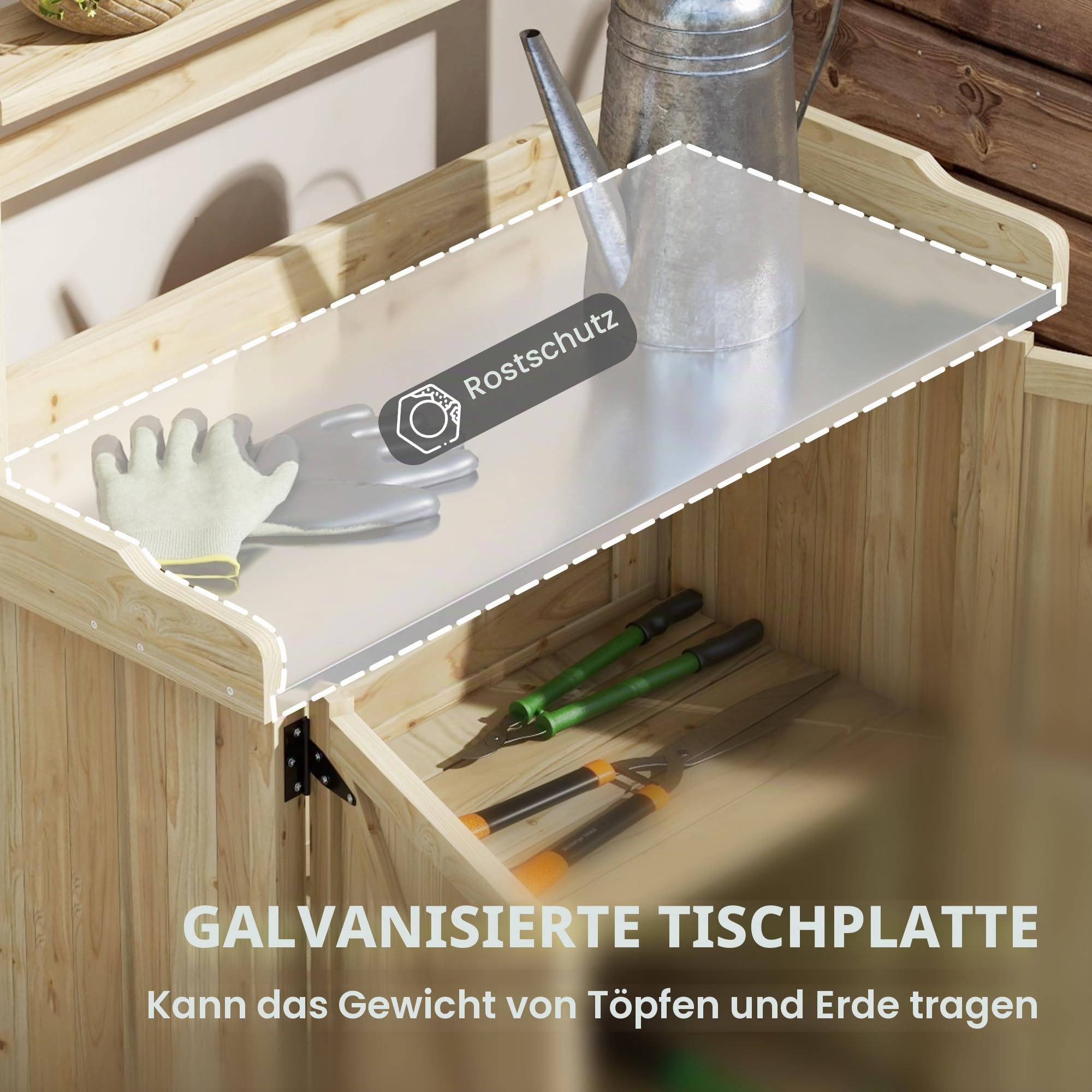 Outsunny Pflanztisch, Outdoor Holz-Pflanztisch mit 2 Regalen, Natur