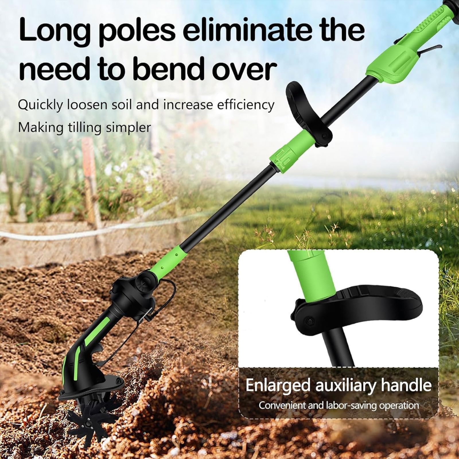 Generico Motozappa Senza Fili, Coltivatore Elettrico da Giardino con Manico Estensibile, profondità 10cm, 4 Lame Mini Fresatrice Manuale per Giardinaggio e Aiuole