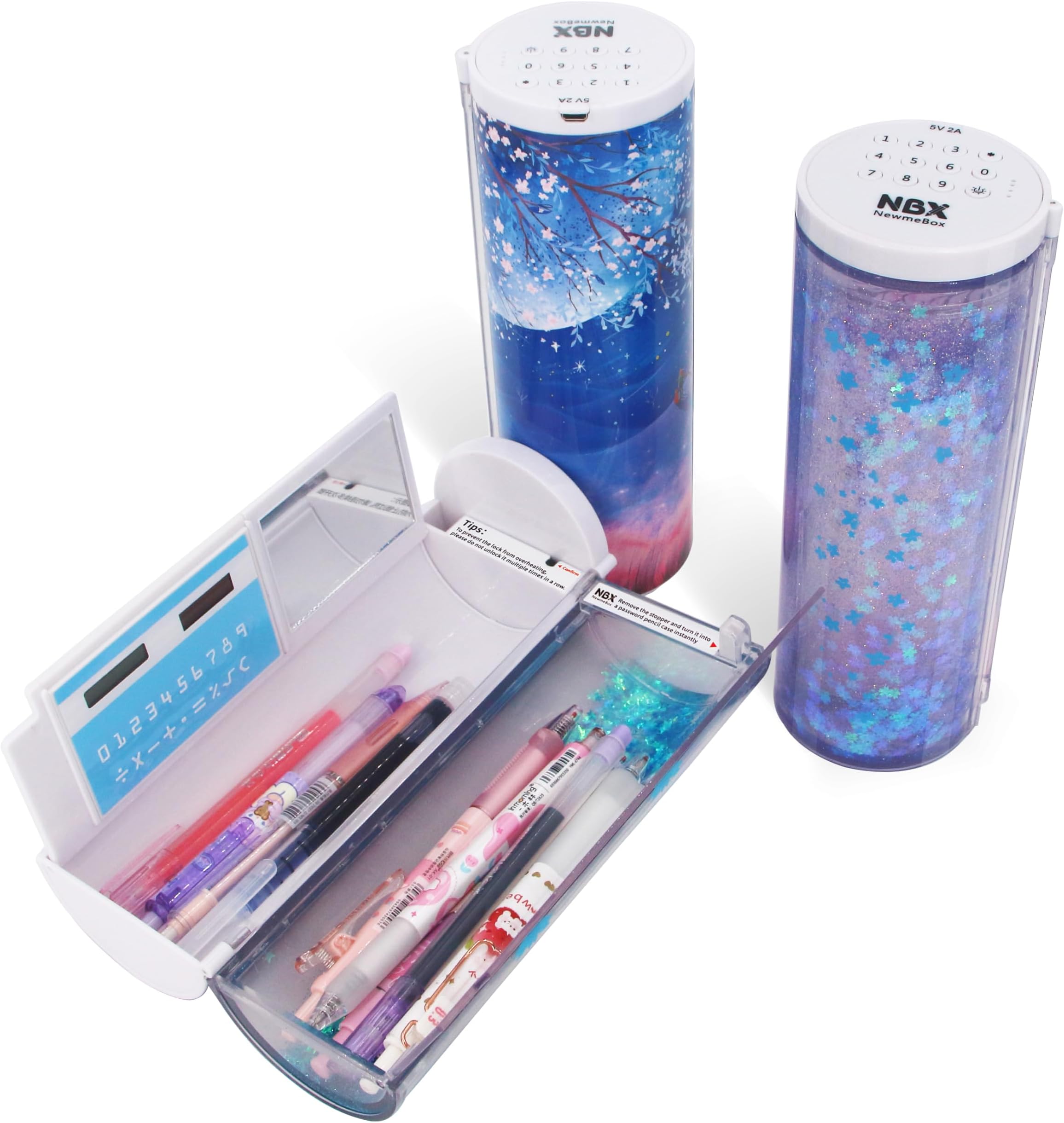 Multifunctional Pencil Case Box with Lock, Calculator, Quicksand, Mirror, Standing cylinder Shape, Cute Pen Holder, Kawaii Desk Organizer for Girls, Boys, Kids, School Supplies(Purple Sakura Night)