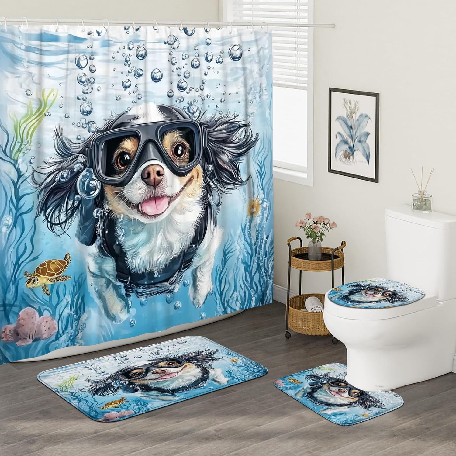 4PCS Spring Japanese Chin Dog Bathroom Accessory Sets with Non-Slip Rug, U Shape and Toilet Lid Cover Mat, Fun Puppy Kids Ocean Cartoon Bathroom Decorative-72''x72''