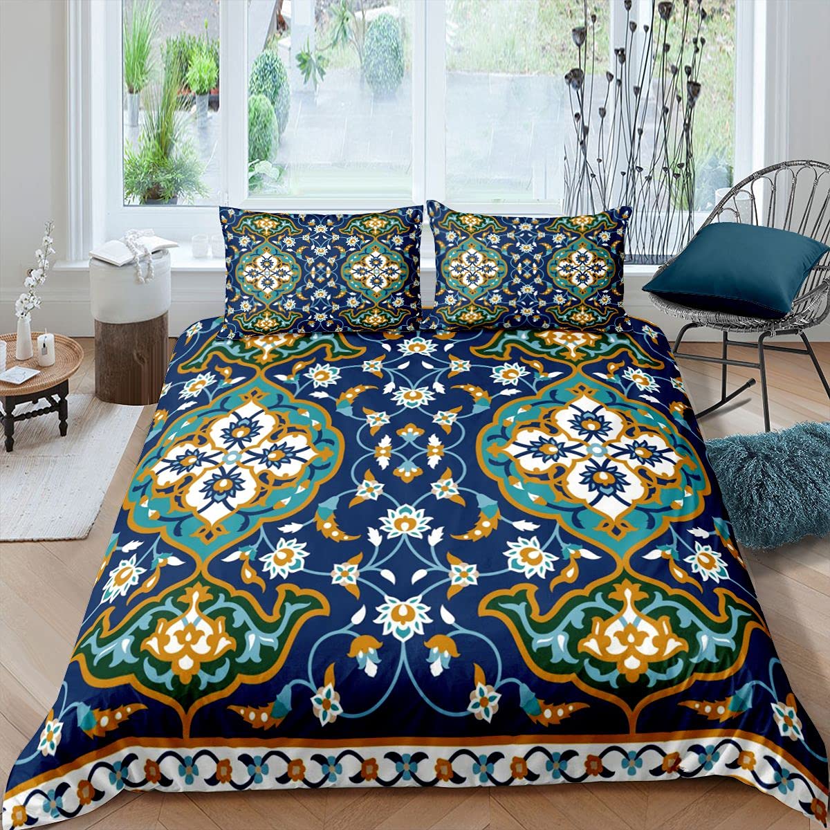 Loussiesd Geometric Duver Cover Set Kids Rabic Floral Colorful Traditional Islamic Bedding Set Bohemian Style Tribal Quilt Cover Room 3Pcs Double Size,Zipper — image 1