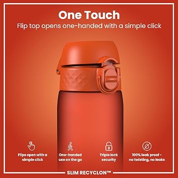 Ion8 Water Bottle, 500 ml/18 oz, Leak Proof, Easy to Open, Secure Lock, Dishwasher Safe, BPA Free, Hygienic Flip Cover, Carry Handle, Fits Cup Holders, Easy Clean, Carbon Neutral, Hearty Orange