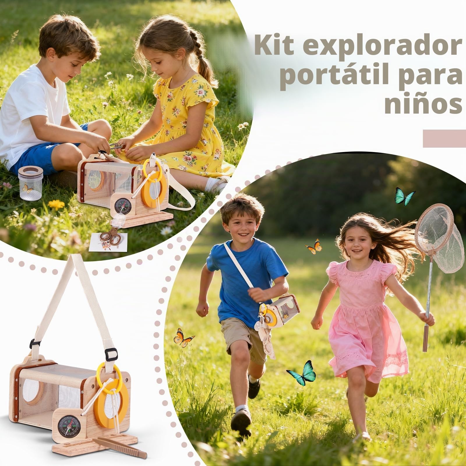 Astarama Kit Explorador Niños,5 Piezas Madera Atrapa Insectos con binoculares,casa de observación de Insectos,cazamariposas,brújula.Juguetes Educativos Regalos
