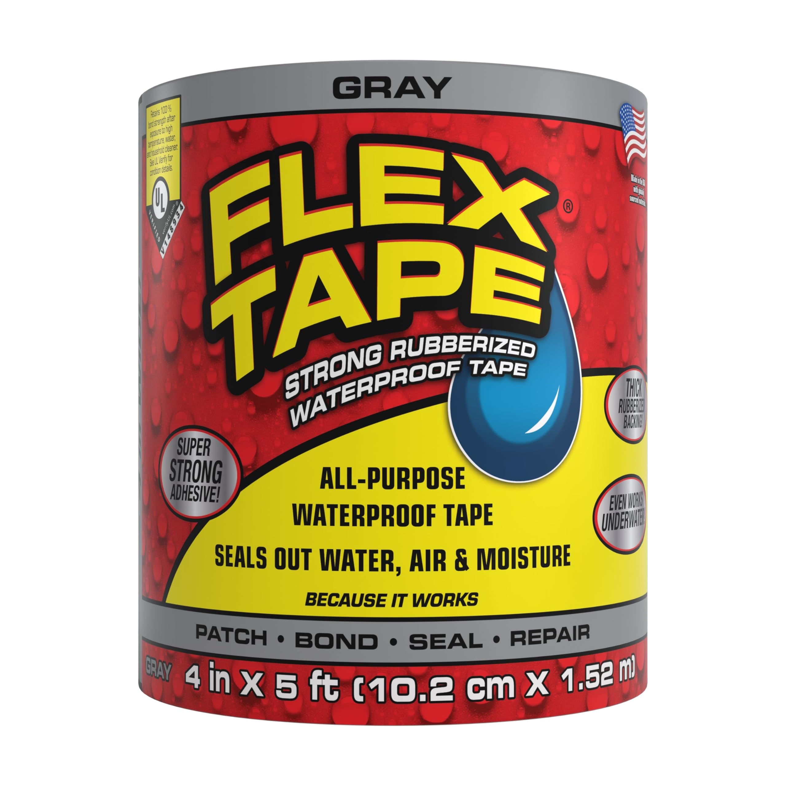 Flex Tape, Original Thick Flexible Rubberized Waterproof Tape - Seal and Patch Leaks, Works Underwater, Indoor Outdoor - Home RV Roof Plumbing and Pool Repairs, Gray, 4 in x 5 ft, Pack of 1