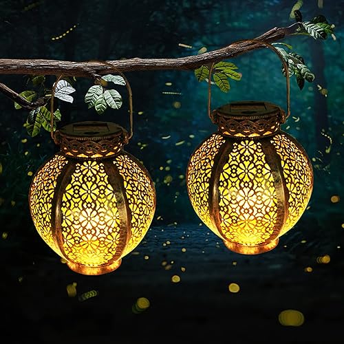 Miniatura 2 de Faroles solares impermeables para exteriores, paquete de 2, faroles solares retro de metal colgantes para jardín, patio, fiesta