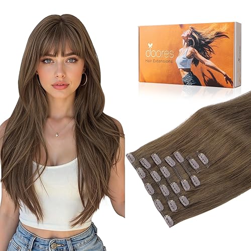 DOORES - Extensiones de cabello humano con clip, color marrón ceniza claro, 12 pulgadas, 7 piezas de 80 g, extensiones de cabello humano grueso,