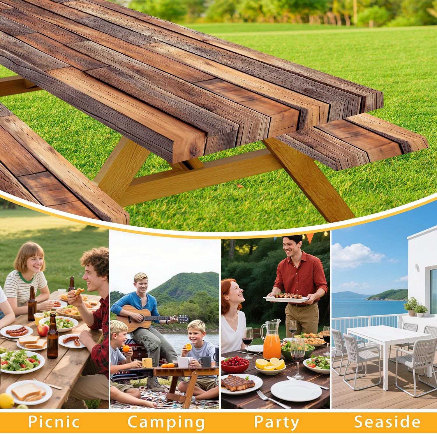 Rustic Wood Picnic Table Cover with Bench Covers Waterproof Windproof Elastic Fitted Outdoor Camping RV Tablecloths with Drawstring Bag Reusable Rectangle Rectangle Tables and Seats Cover 30X72IN - Image 6