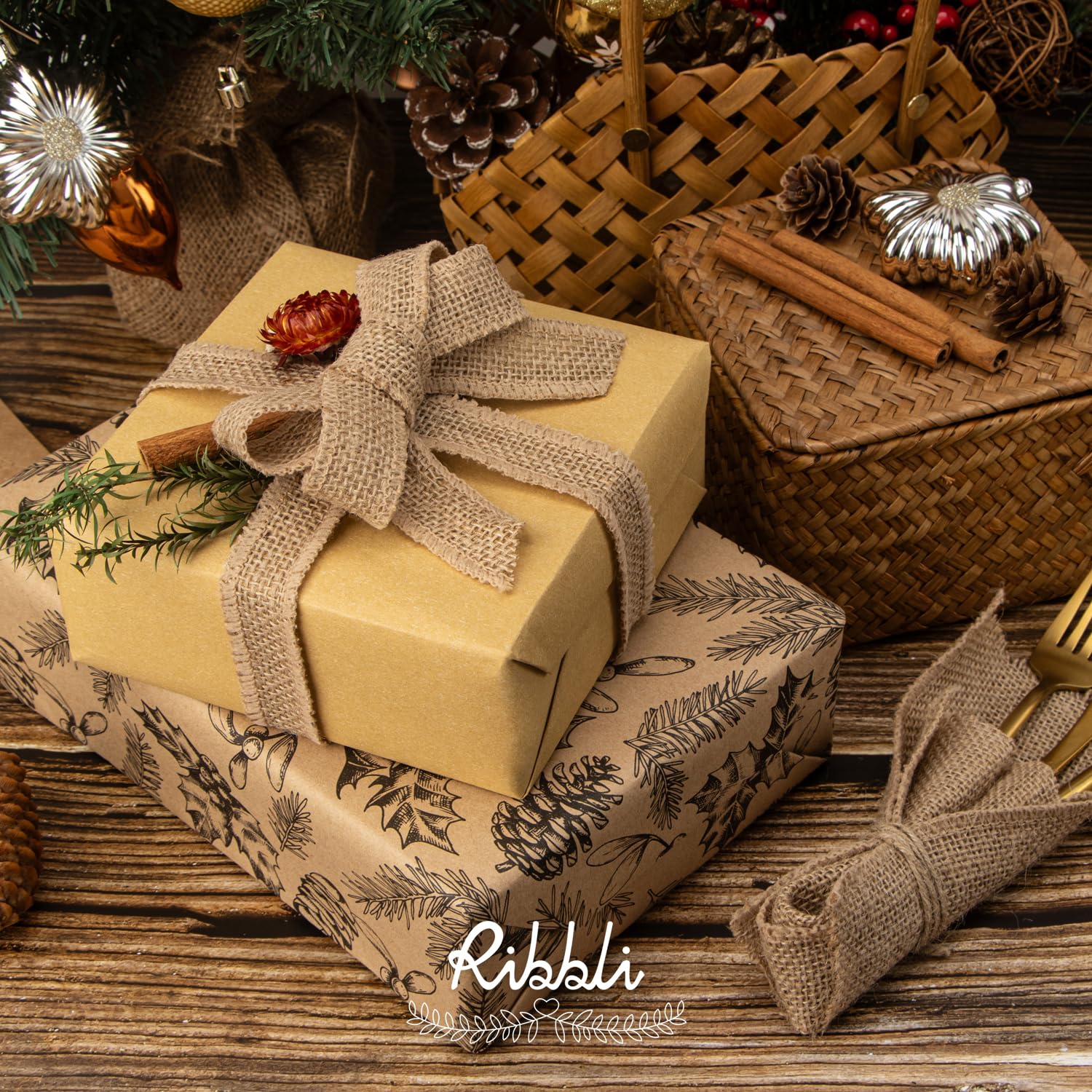 Ribbli Jute Burlap Ribbon 1 Inch x 10 Yard,Natural Solid Ribbon for Crafts,Gift Wrapping,Wreath,Tree Decoration,Outdoor Decoration(Non-Wired)