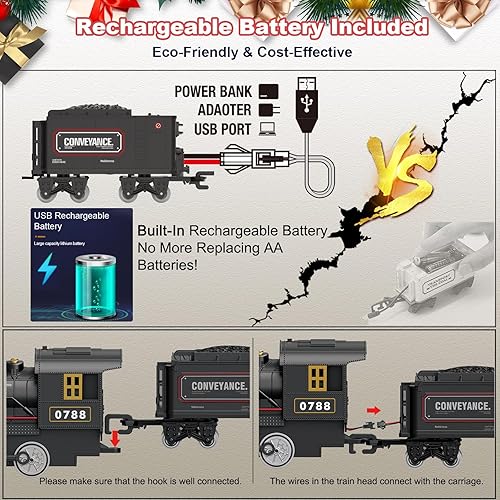 Miniatura 4 de Juego de tren eléctrico con control remoto para niños, aleación de metal, juguetes de tren de Navidad, locomotora de vapor, carruajes de pasajeros,