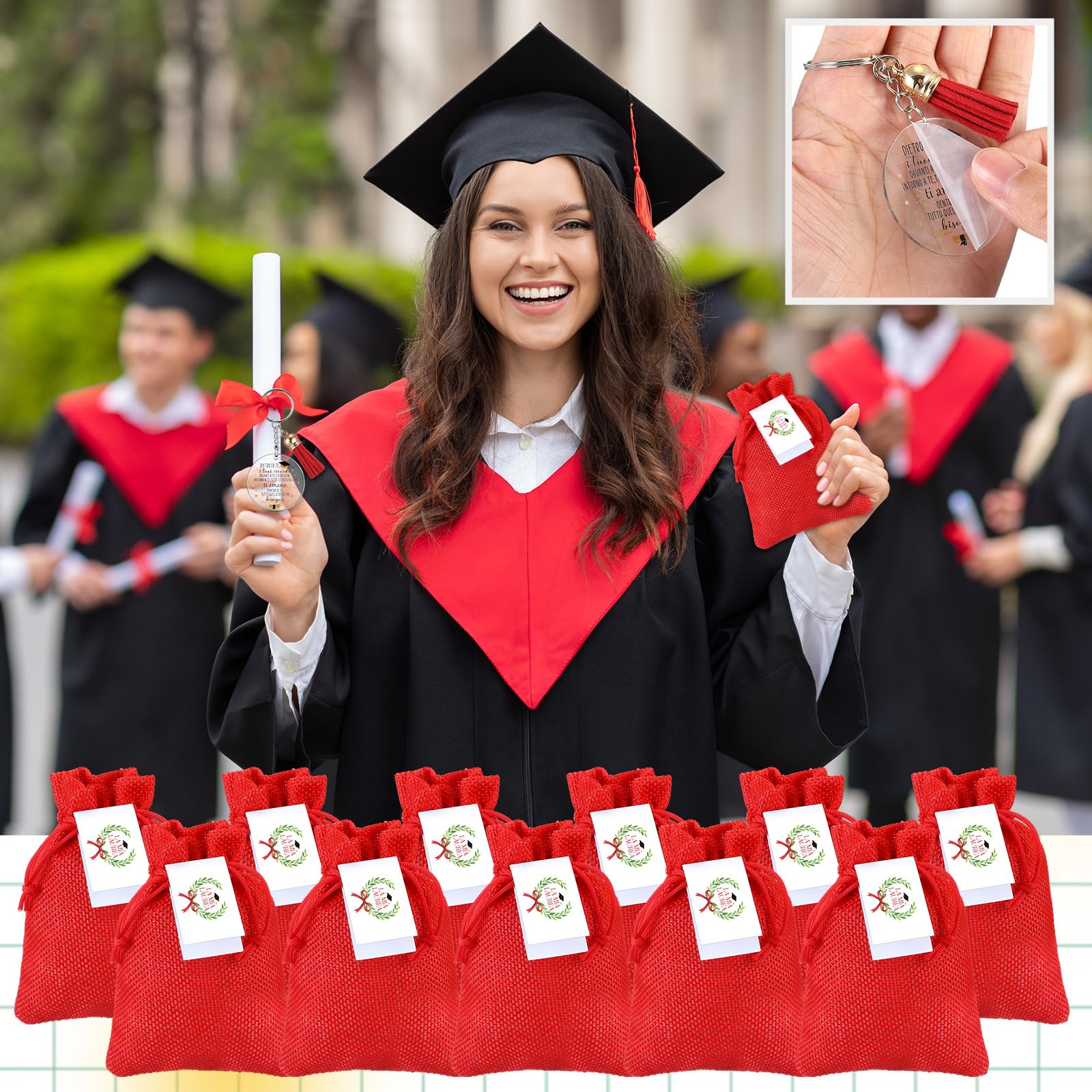Jadive 30 Sets Bomboniere Laurea Ciondolo Bigliettini Bomboniere Portachiavi con Nappa, Sacchetti Portaconfetti Laurea, Confetti Rossi, Bigliettini con Diploma Corona d'Alloro, Regalo Festa Cerimonia
