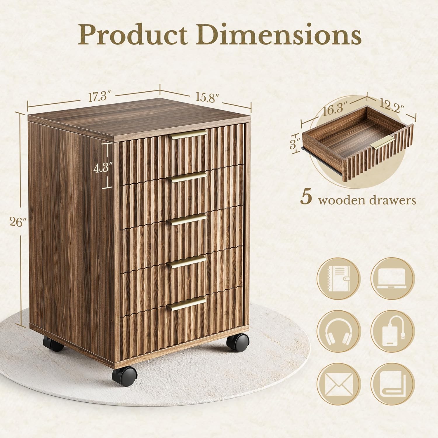 Home Office Furniture Set, Fluted Wooden File Cabinet with Locable Wheels, Filing Cabinet with 5 Drawers for Home Office, Black Walnut