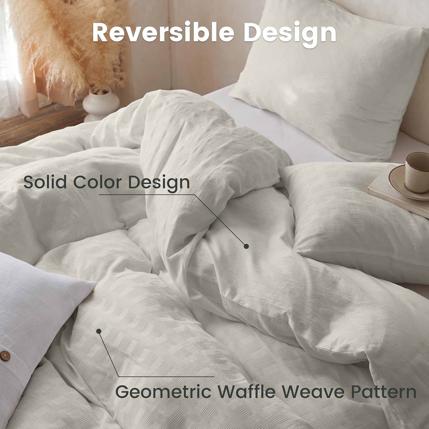 BISELINA 100% Cotton Duvet Cover Set Waffle Weave 2PCS (1 Comforter Cover, 1 Pillow Sham) Reversible Soft Skin-Friendly Breathable Shabby Chic Bedding for All Season - Cream Grey, Twin Size