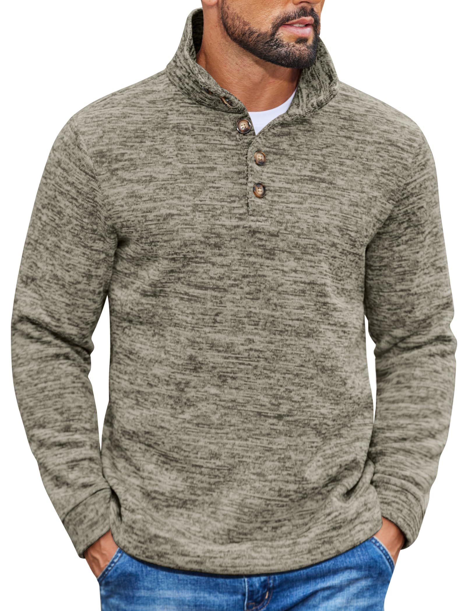 Men's Casual Pullover Sweater Quarter Button Fleece Sweatshirt Knitted Thermal Sweaters