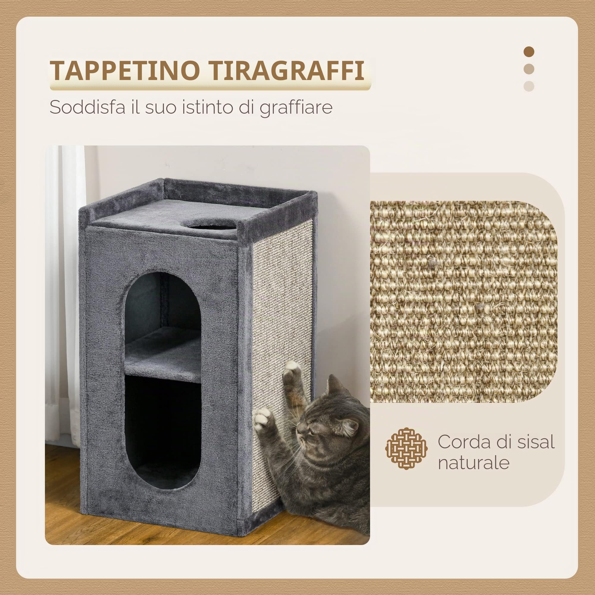 PawHut Tiragraffi altezza 81 cm, albero tiragraffi con 2 grotte, torre tiragraffi con tavola tiragraffi, torre di gatto a 2 livelli, pattumiera per gatti fino a 6 kg, grigio scuro