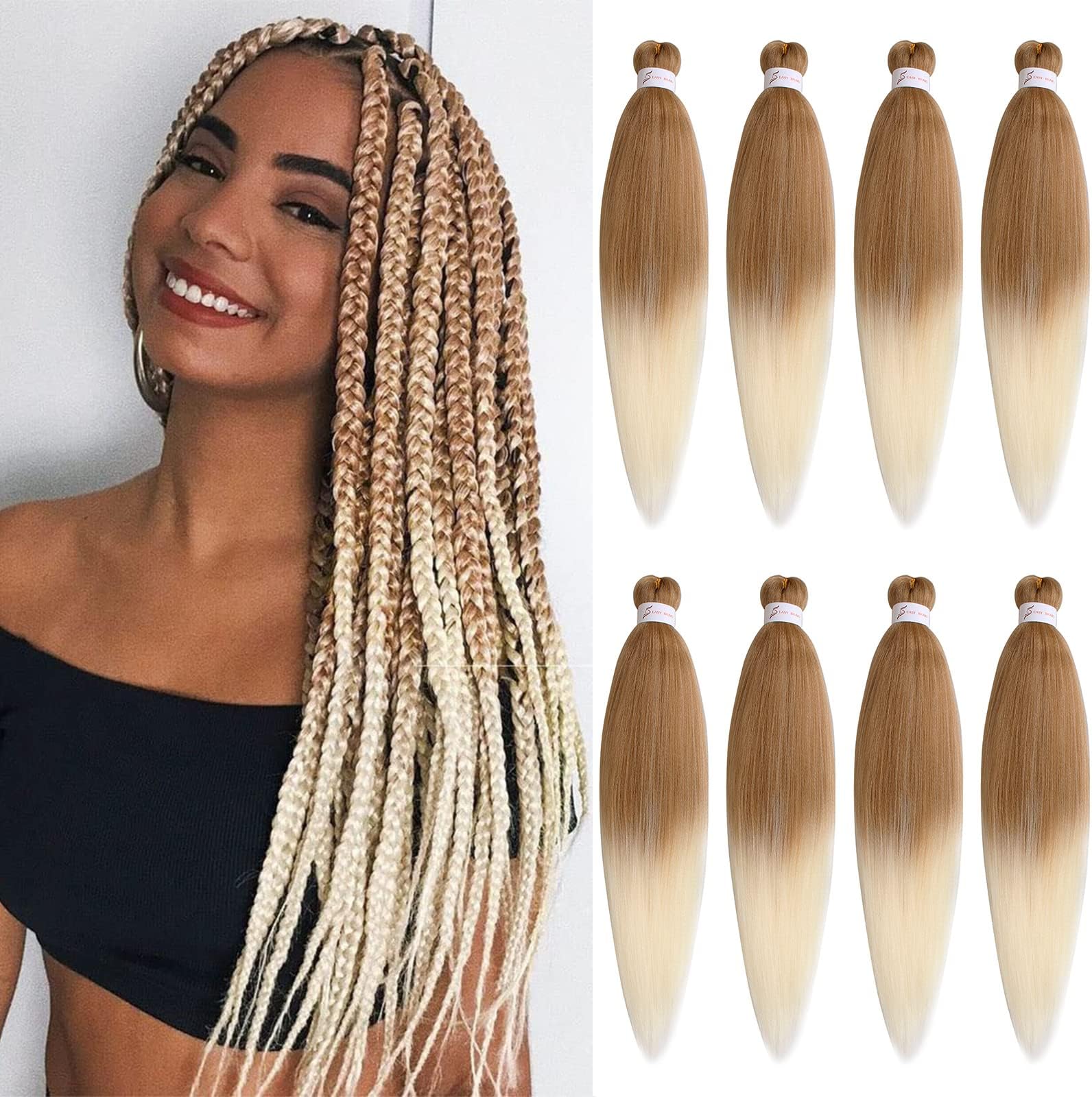 Xtrend 8 packs Ombre Blonde Braiding Hair Pre Stretched Ez Braiding Hair Soft Yaki Texture Synthetic Braiding Hair for Box Braids Hair Not Itchy Hot Water Setting Braids Hair 27613#