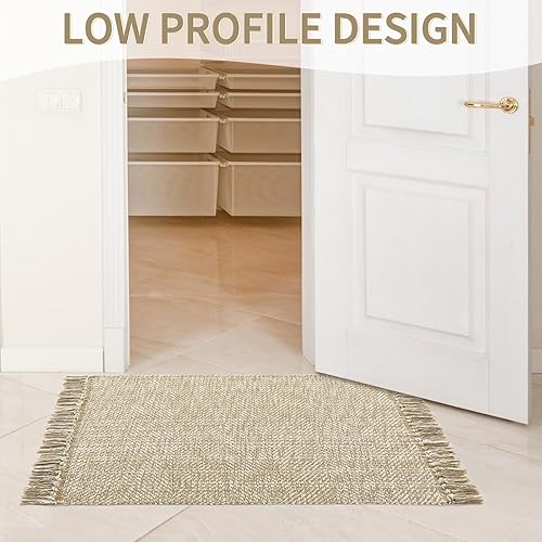 Miniatura 5 de MitoVilla Alfombra pequeña de baño bohemia de 2 x 3 pies, alfombra tejida de algodón color crema marrón para sala de estar, alfombra de cocina