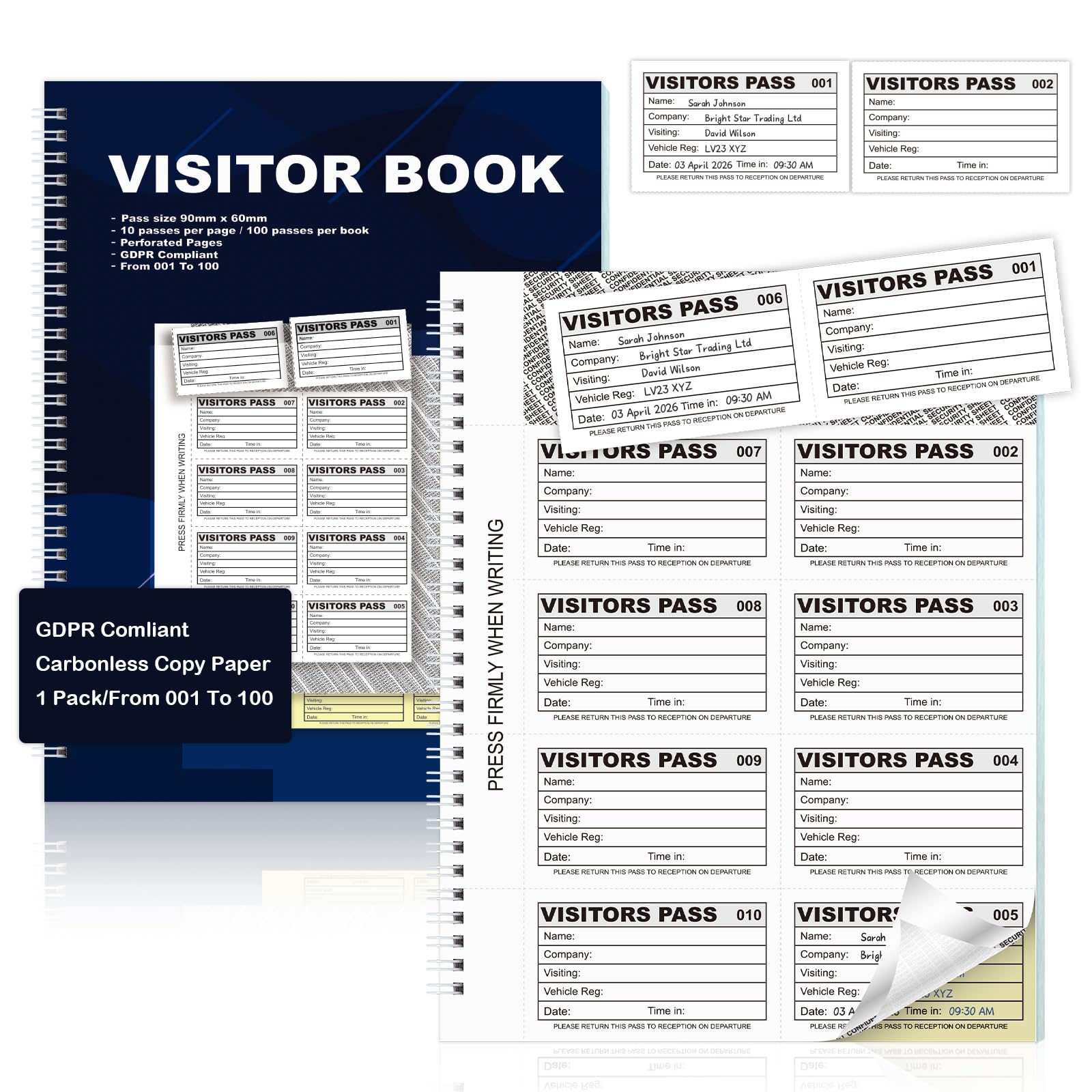 GDPR Compliant Visitors Sign in and Out Book Confidential Hidden Name Carbonless Log Book with 100 Perforated 90x60mm Duplicate Badge Inserts for School Workplace Office Reception