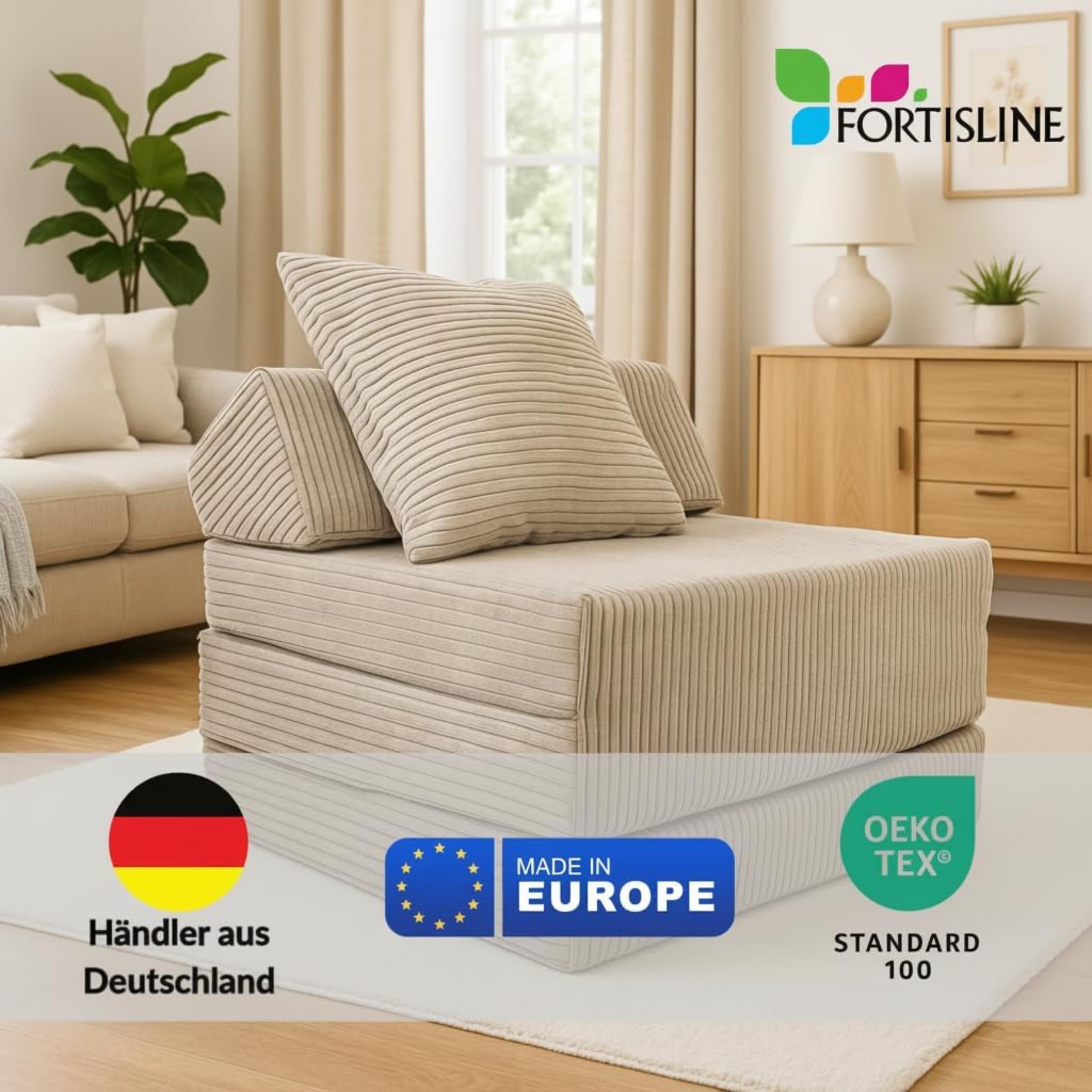 FORTISLINE - Klappmatratze 200x70x10cm mit Kopfteil & Kissen – Gästebett ausklappbar für Kinderzimmer & Camping Matratze Schaumstoff – Faltmatratze tragbar – Faltbare Matratze aus Cord – Beige